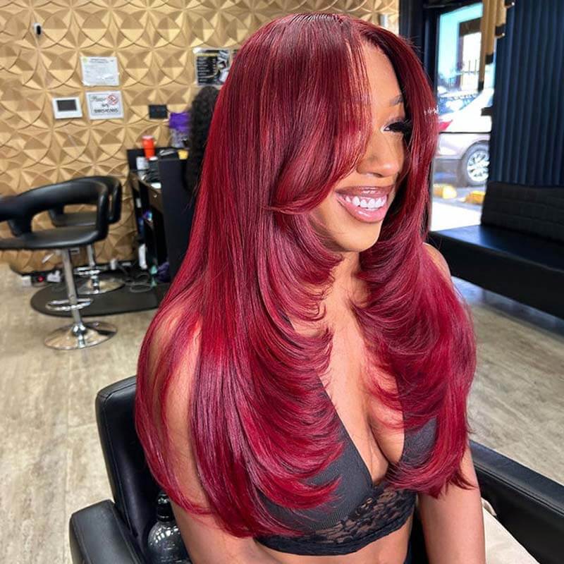 Eullair Burgundy Red Straight Human Hair Lace Front Wig with Curtain Bangs - Glueless Layered Cut for Natural Look | Perfect for Cosplay, Daily Wear & Special Occasions