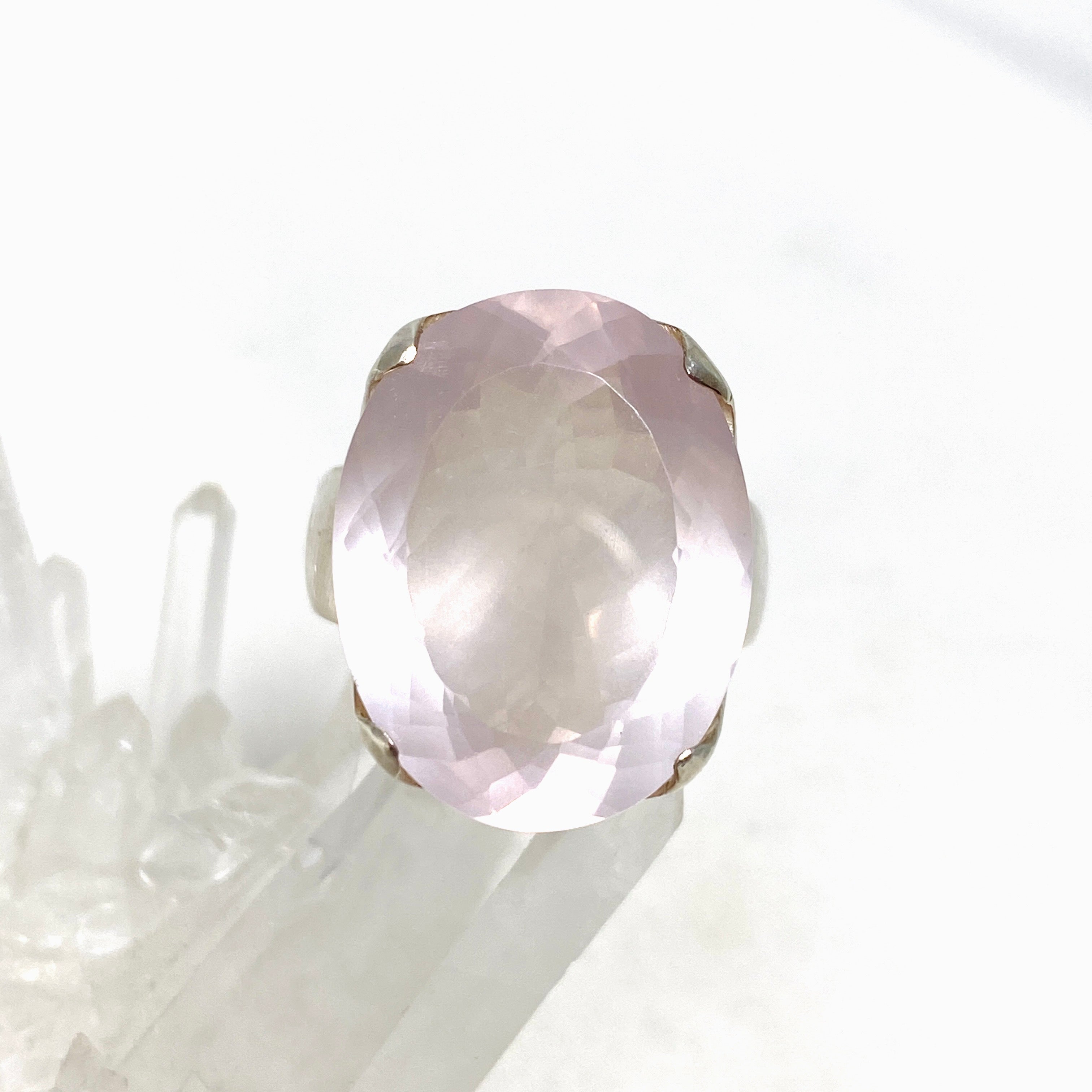 Rose Quartz Faceted Oval Ring - Size 10.5 (KRGJ1141) | Elegant Healing Crystal Jewelry for Women, Gift for Her, Wedding, Anniversary & Spiritual Healing