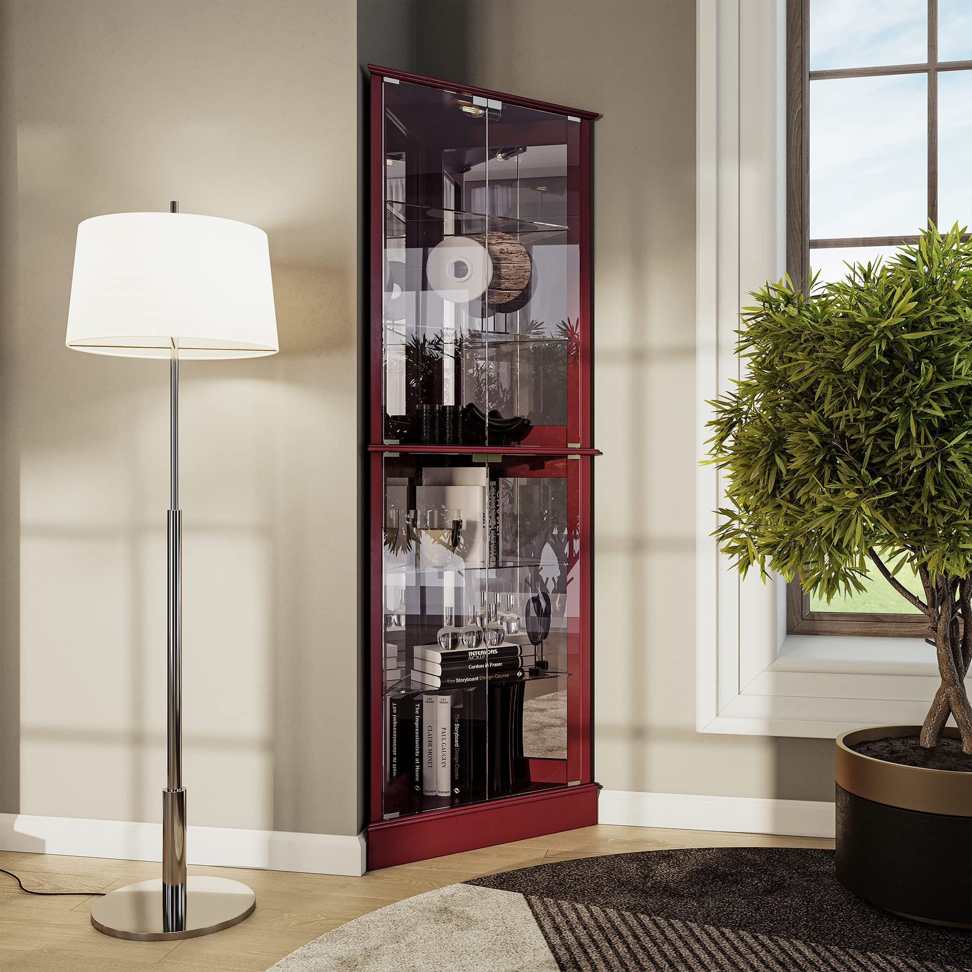 BELLEZE Wooden Lighted Corner Curio Cabinet with Tempered Glass Door - 6 Adjustable Shelves, Bar & Liquor Storage - Cherry Finish | Perfect for Living Room, Dining Room, or Home Office Display