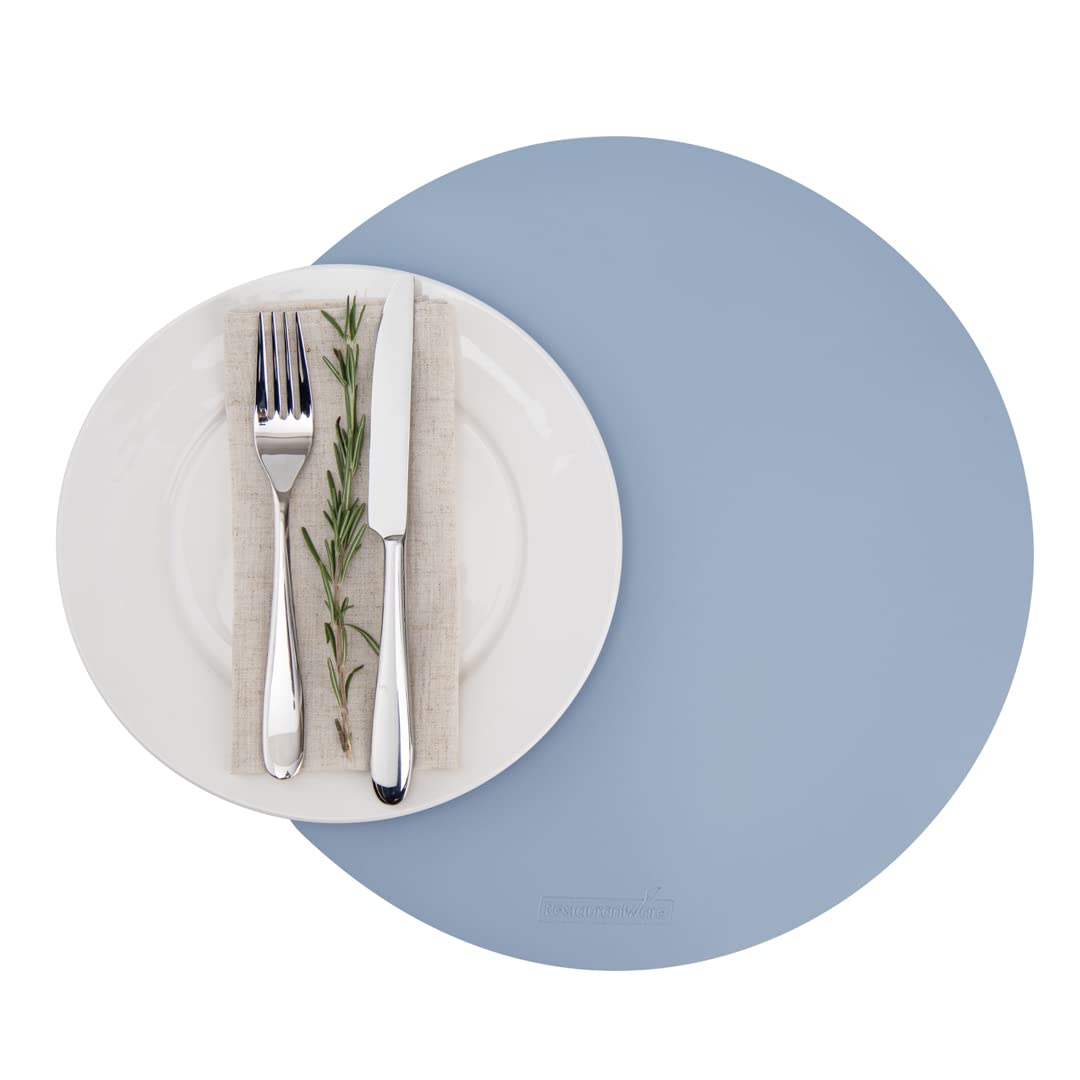16 Inch Round Vinyl Placemats Set of 6 - Stain-Resistant, Embossed Light Blue Table Mats with Leather-Like Feel for Surface Protection | Perfect for Dining Tables, Restaurants, and Home Decor