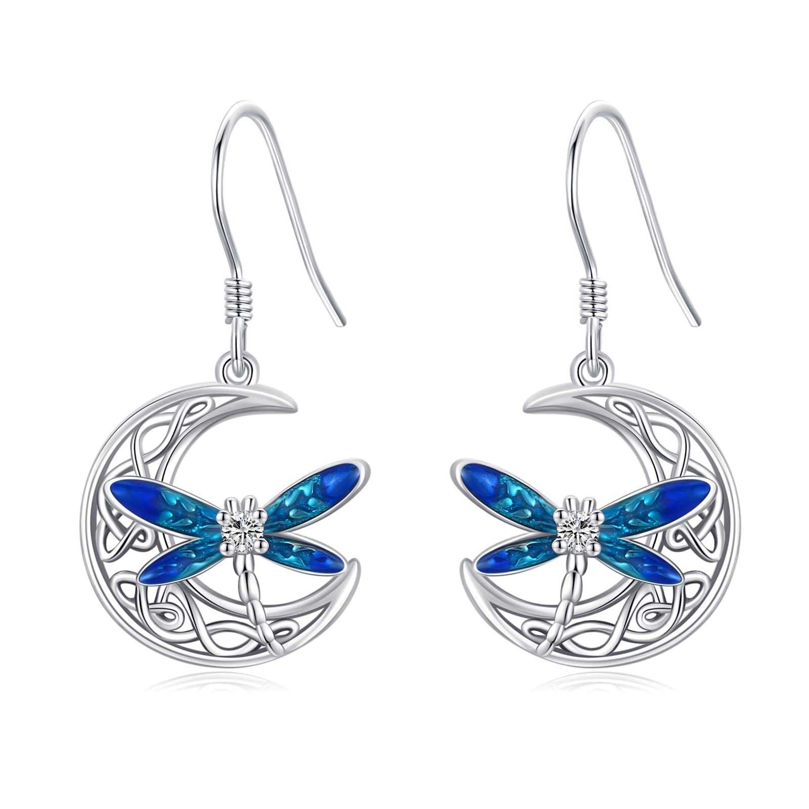 TwoOwl Dragonfly Earrings - 925 Sterling Silver Celtic Moon Earrings for Women, Animal Jewelry, Irish Celtic Gift for Christmas, Birthday & Special Occasions | Perfect for Parties, Weddings & Everyday Wear