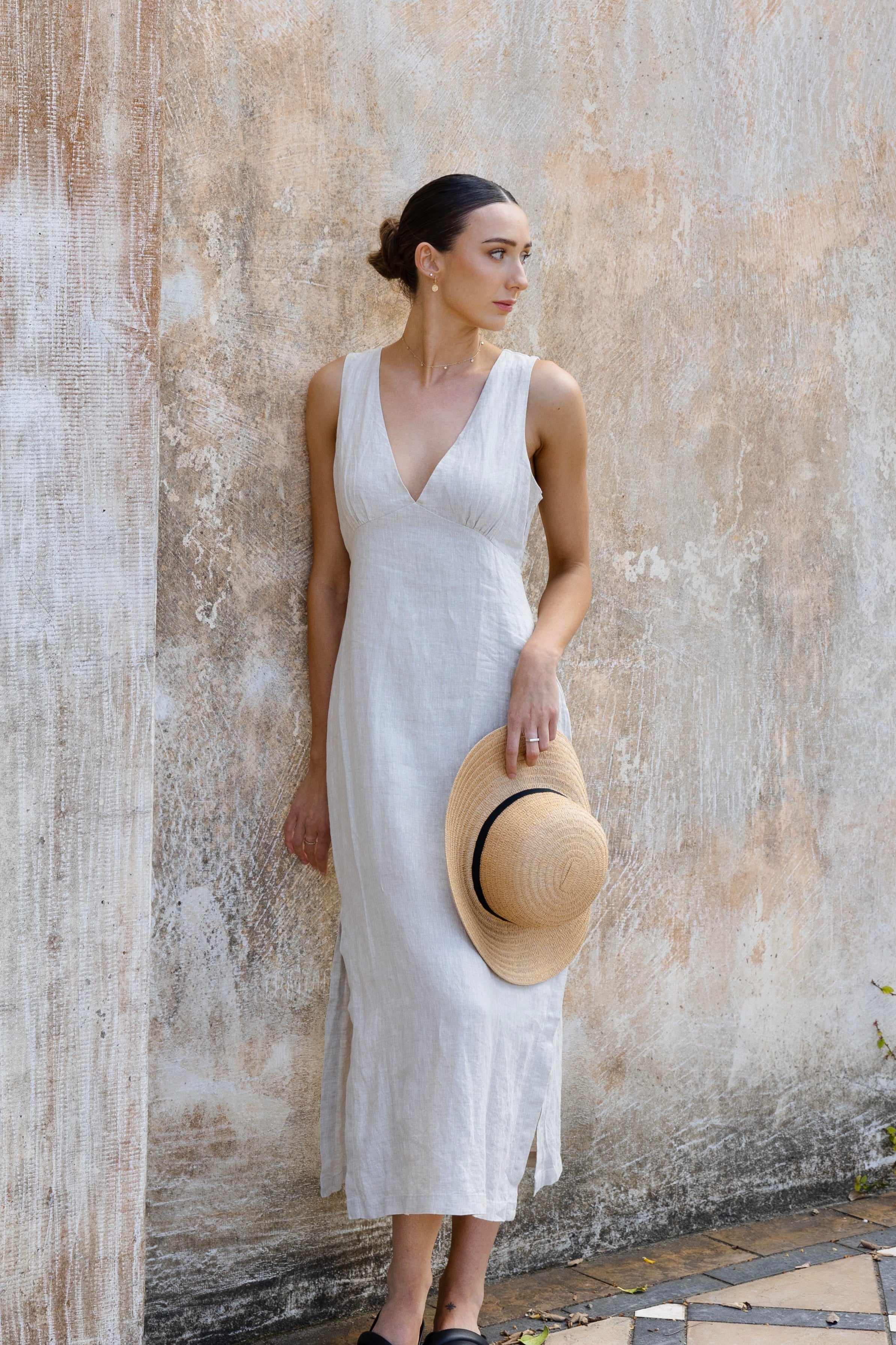 Azalea Natural Linen Sleeveless Empire Midi Dress - Women's Summer Boho Style Dress for Beach, Vacation & Casual Wear