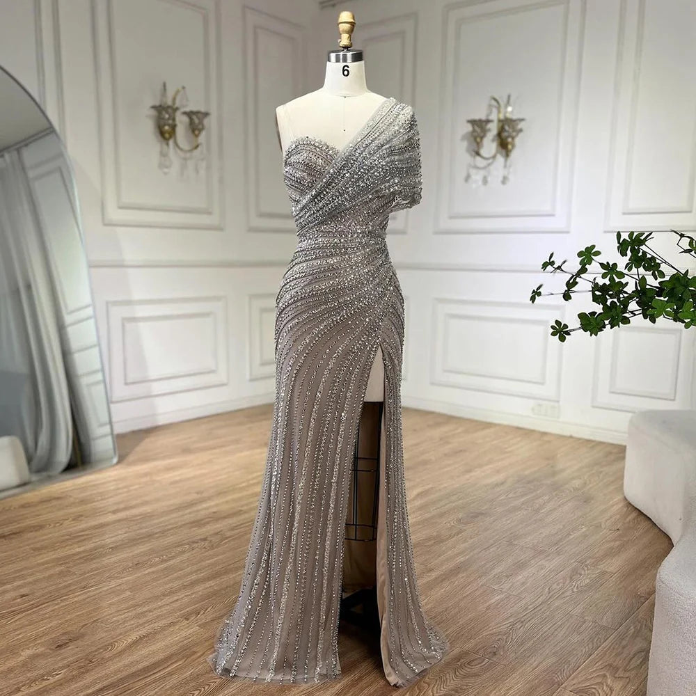 Elegant Green Mermaid One Shoulder Beaded Evening Gown for Women - High Slit Formal Dress for Wedding, Party & Special Occasions | Perfect for Prom, Red Carpet & Cocktail Events