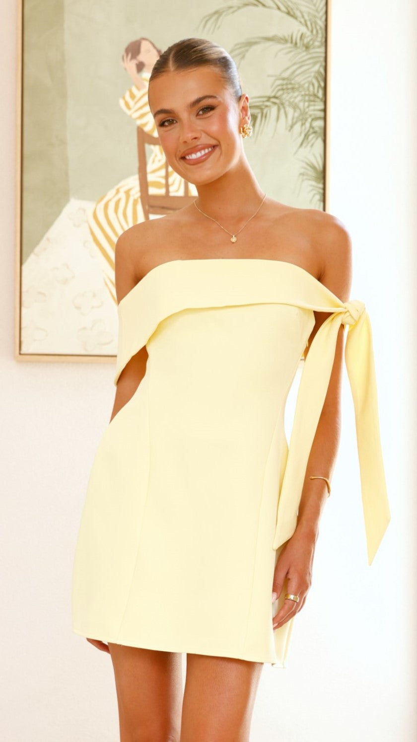 Halen Off Shoulder Mini Dress - Flirty Lemon Print Summer Dress for Women | Beach Party, Date Night, Vacation Outfit