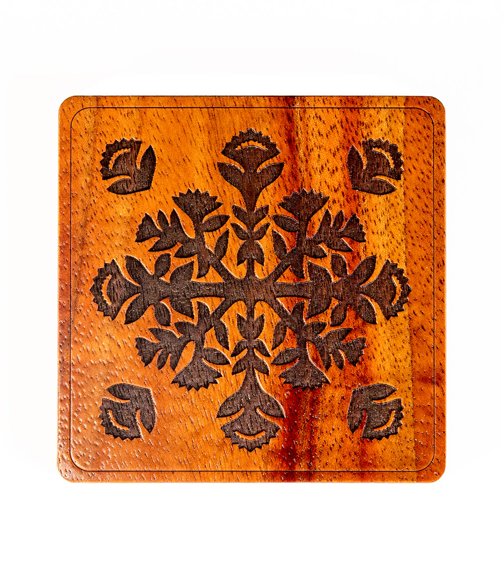 Handmade Koa Wood Coaster Set - Traditional Lehua Quilt Design - Perfect for Home Decor, Coffee Tables, and Gifts