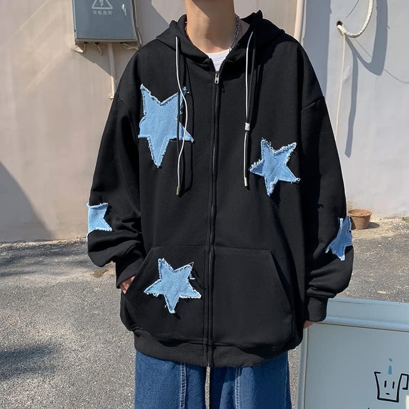 Y2K Oversized Star Patch Zip-Up Hoodie for Men & Women - Graphic Streetwear Sweatshirt Jacket | Perfect for Casual Wear, Street Fashion & Retro Style Outfits