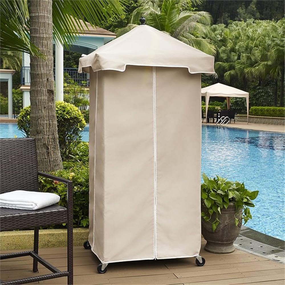 Cream Wicker Patio Towel Valet with Cover - Outdoor Bathroom & Poolside Organizer for Beach Towels