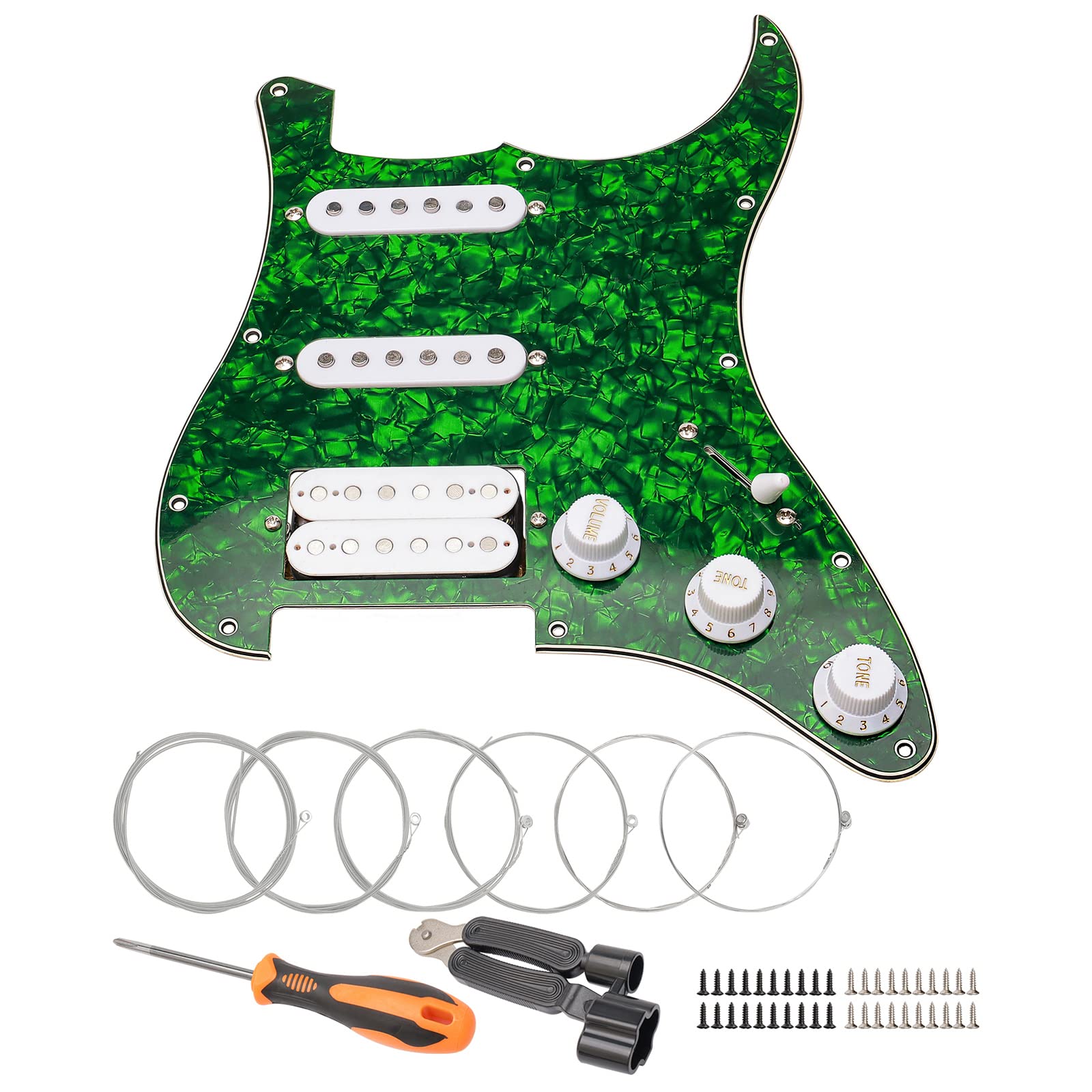 11-Hole Loaded Guitar Pickguard SSH with White Humbucker Pickup - Prewired Scratch Plate Set for Fender Stratocaster (4-Ply Green Pearl) - Includes Guitar Strings & Installation Tools - Perfect for Guitar Upgrades & DIY Repairs