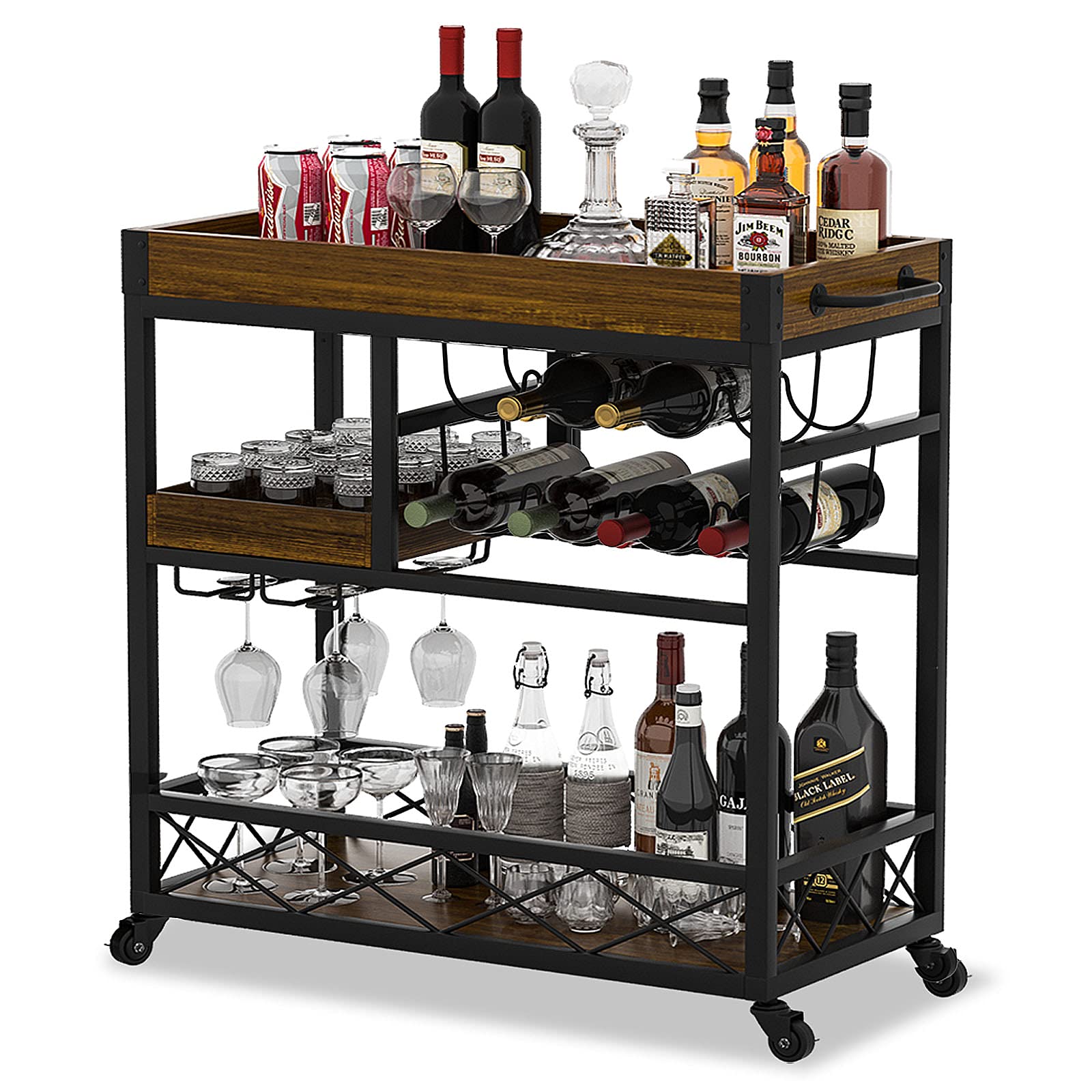 Industrial 3-Tier Bar Cart with Wine Rack & Glass Holder - Rustic Kitchen Serving Cart with Locking Casters, Portable Trays for Home, Party & Restaurant Use