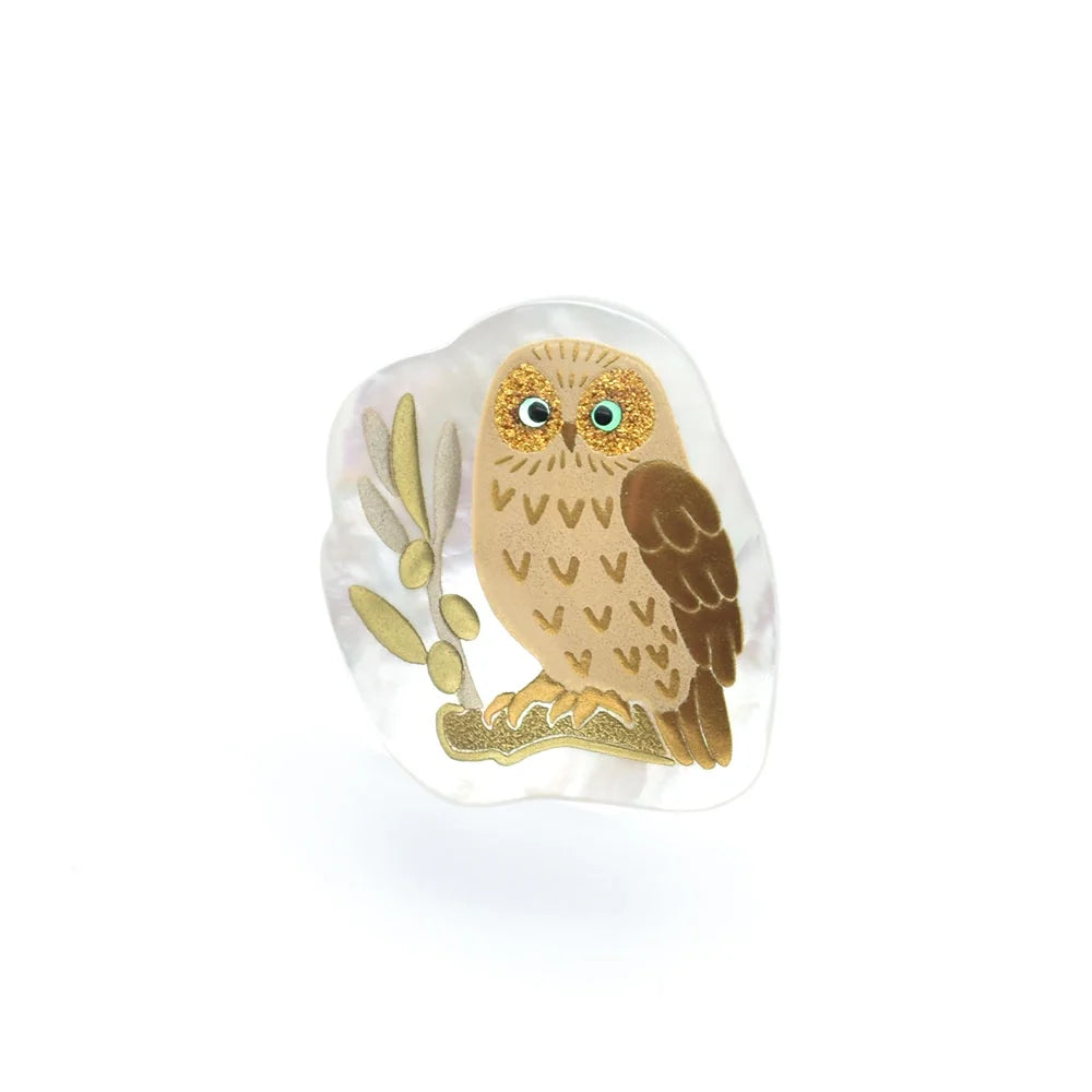 Handcrafted Maki-e Urushi Lacquer Brooch with White South Sea Pearl Shell Owl Design - Traditional Japanese Lacquer Jewelry for Women - Perfect for Formal Occasions, Gift Giving & Cultural Events