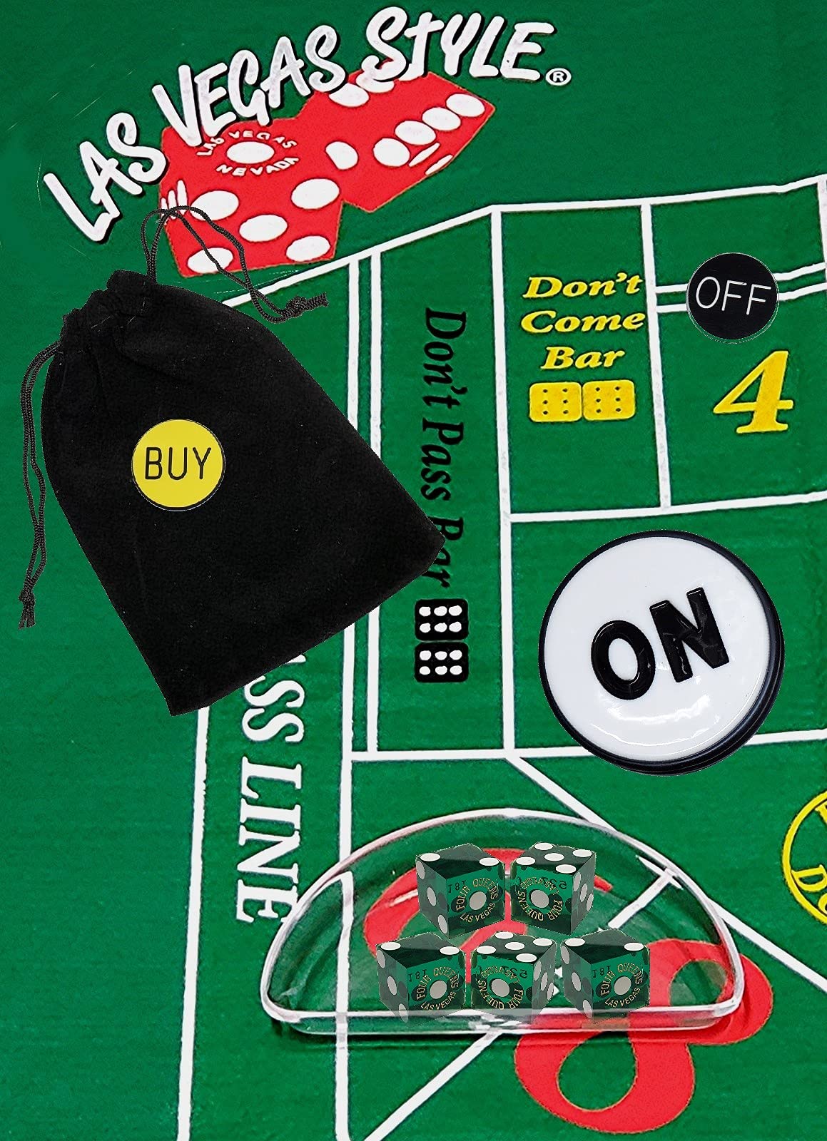 Authentic Las Vegas Casino Dice Set - Green Polished Four Queens Craps Starter Kit with Clear Acrylic Dice Boat | Perfect for Home Games, Casino-Themed Parties & Professional Practice