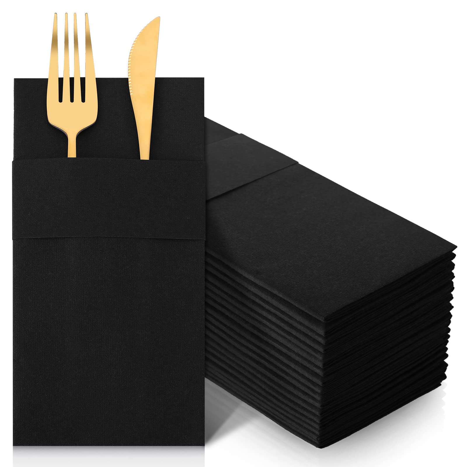 150-Pack Premium Linen-Like Disposable Paper Napkins - Prefolded Dinner Napkins with Built-in Silverware Pocket - Elegant Black for Weddings, Bridal Showers & Valentine's Day Parties - Perfect for Formal Dining, Catering Events & Upscale Gatherings