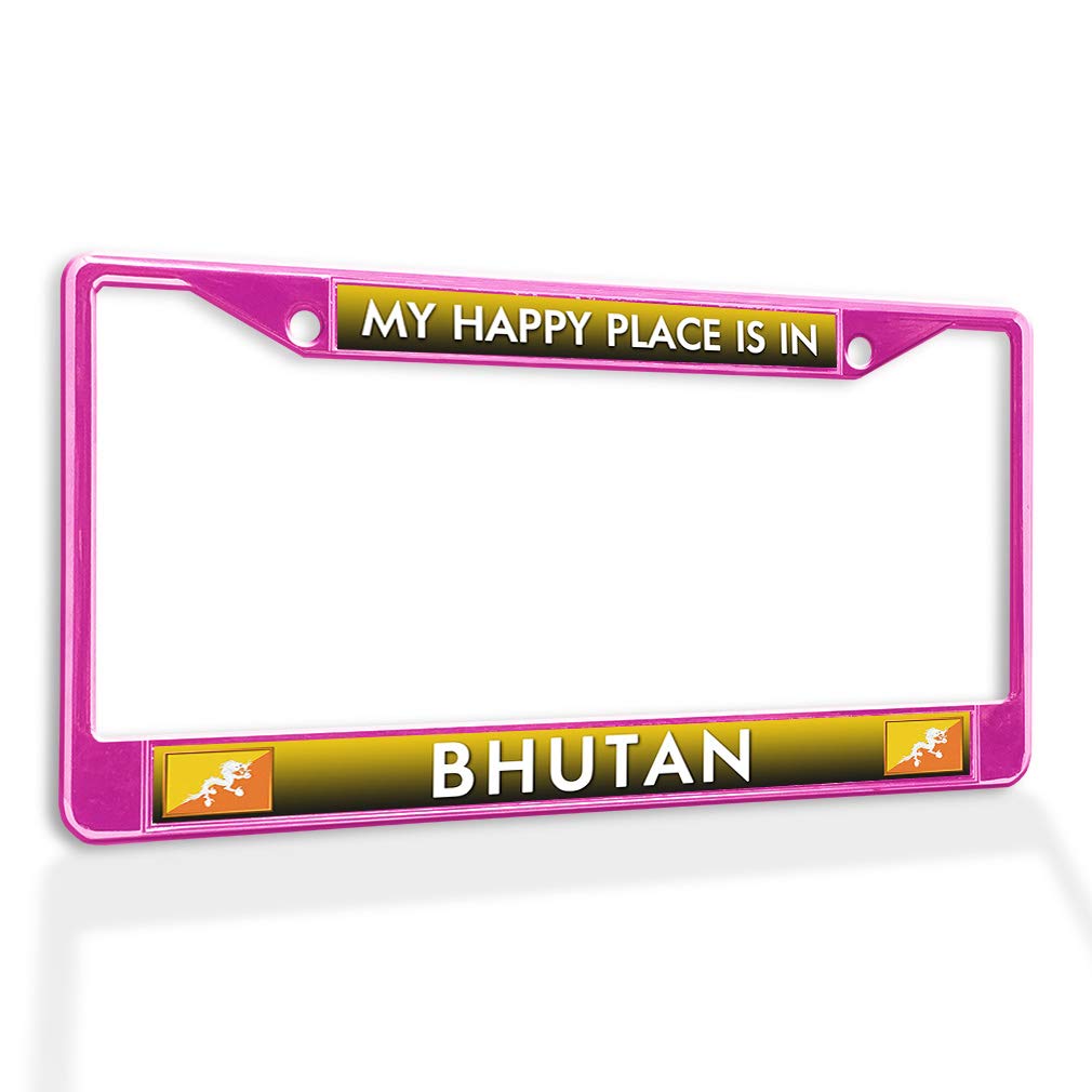 Premium Metal Insert License Plate Frame - 'My Happy Place is in Bhutan' Weatherproof Car Accessory - Hot Pink with 2 Holes Solid Insert - Perfect for Road Trips & Car Enthusiasts