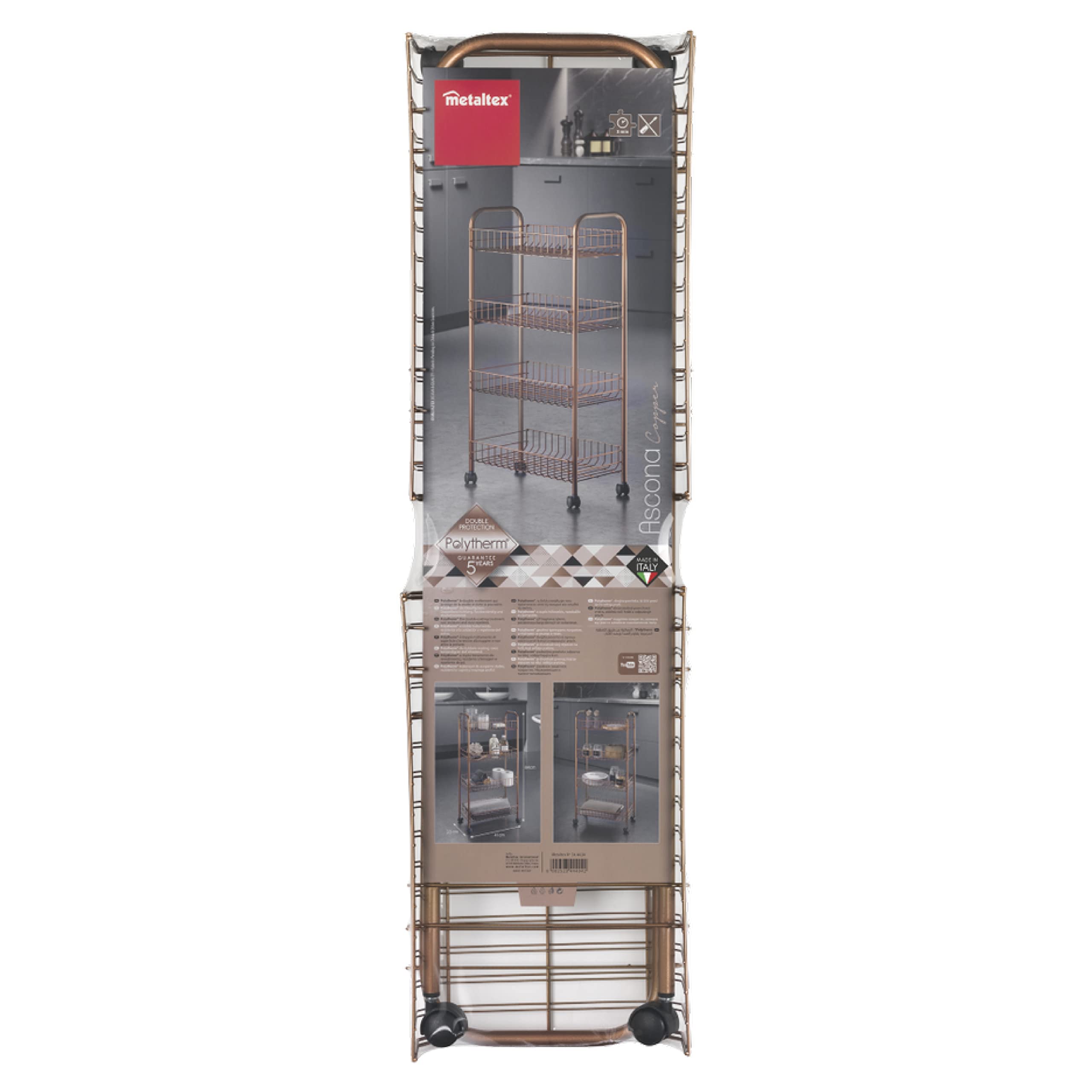 Metaltex Ascona 4-Tier Rolling Utility Cart with Wheels - Space Saving Storage Organizer for Kitchen, Bathroom, Office & Garage - Durable Polytherm Copper Finish, 41x23x84cm - Perfect for Pantry Organization, Bathroom Supplies, Office Files & Garage Tools
