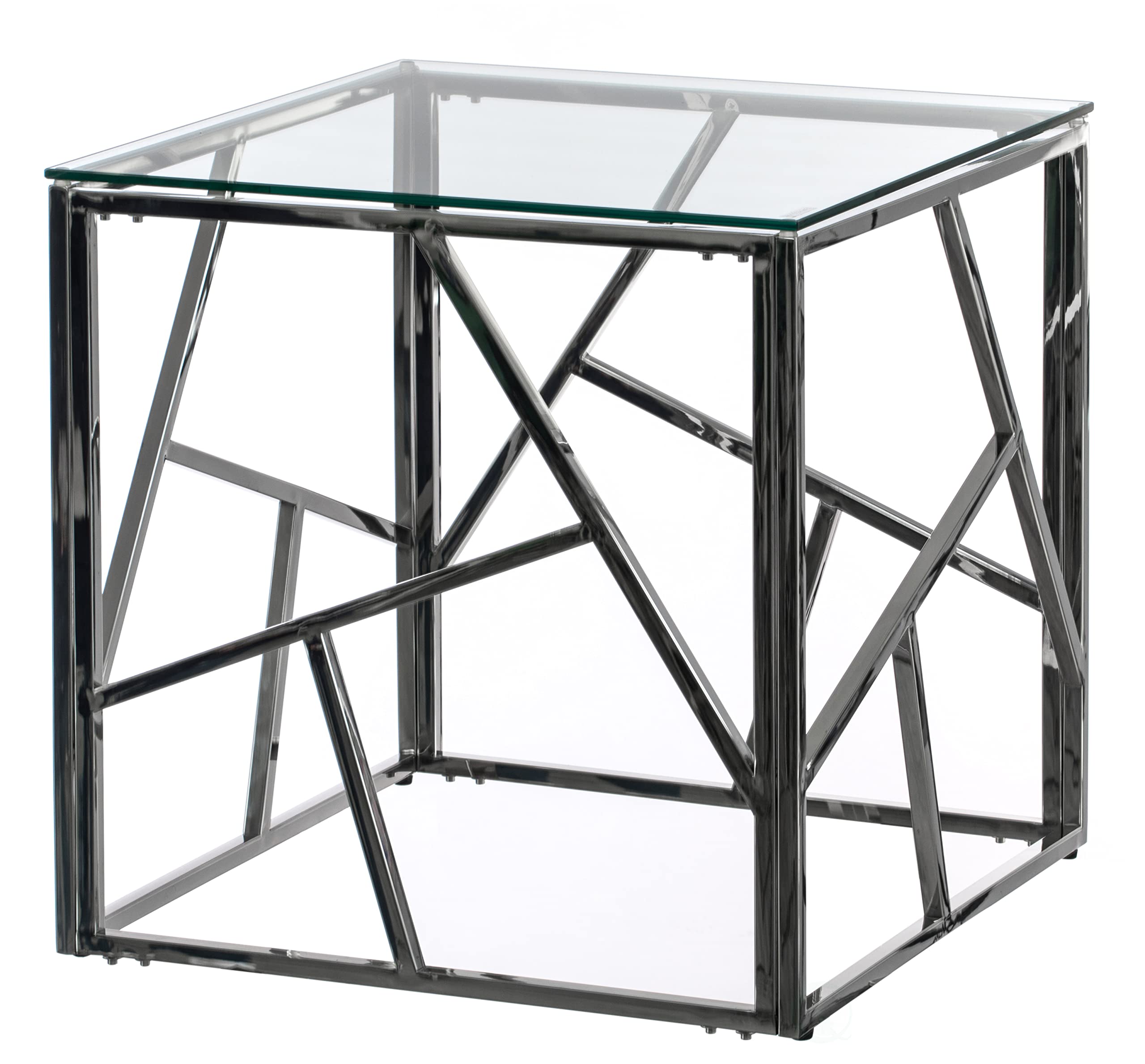 Modern Square End Side Table with Tempered Glass Top - Silver Metal Coffee Table for Living Room, Bedroom & Office Decor