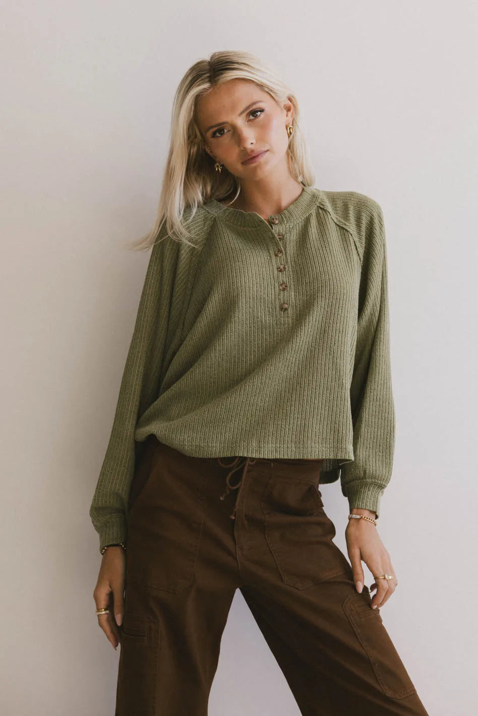 Kami Henley Top in Olive Green - Women's Casual Button-Up Shirt for Everyday Wear | Perfect for Work, Dates & Outings | FINAL SALE