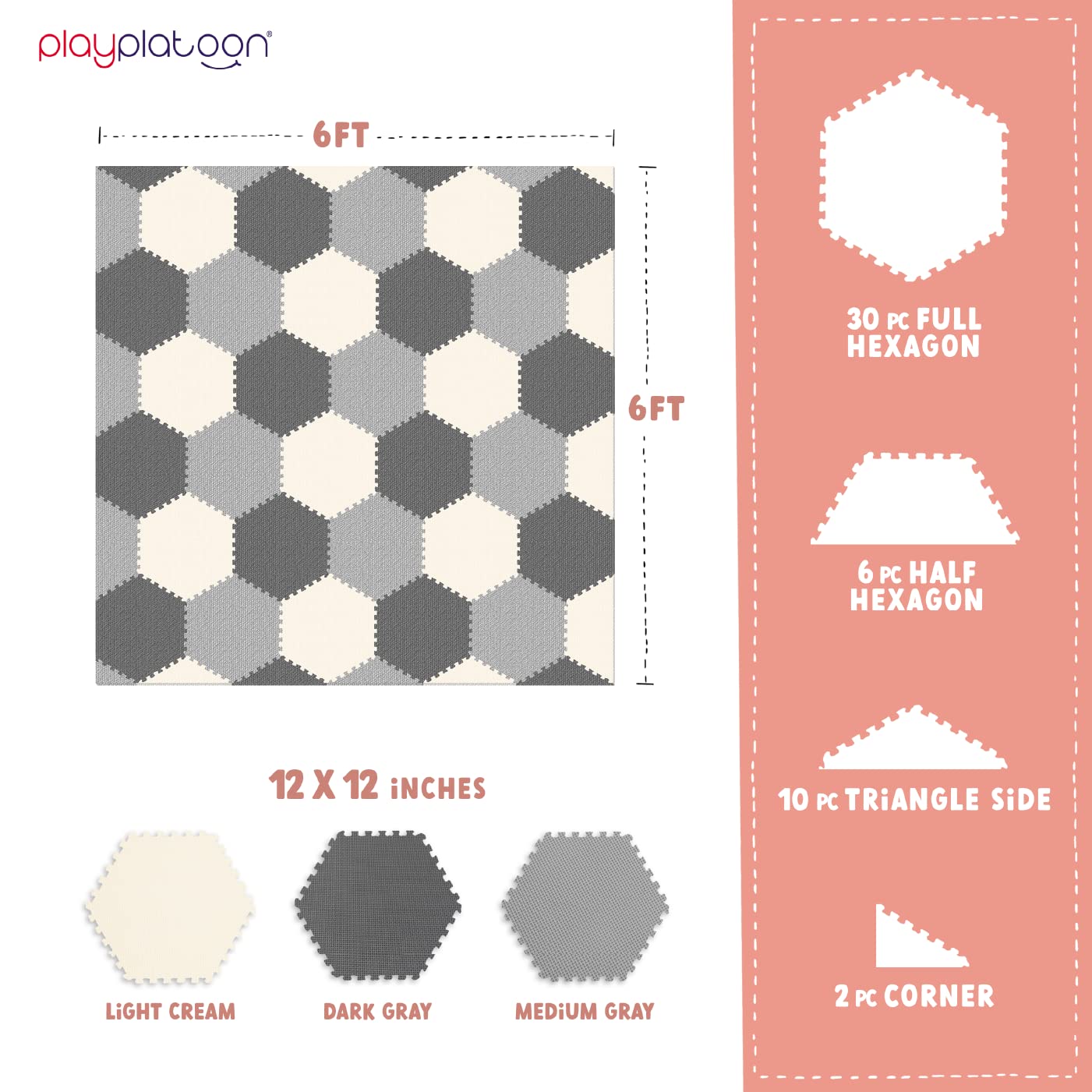 Non-Toxic Foam Puzzle Floor Mat - Extra Thick Hexagon Tiles for Toddlers, Kids & Adults - 36 Interlocking Tiles (12