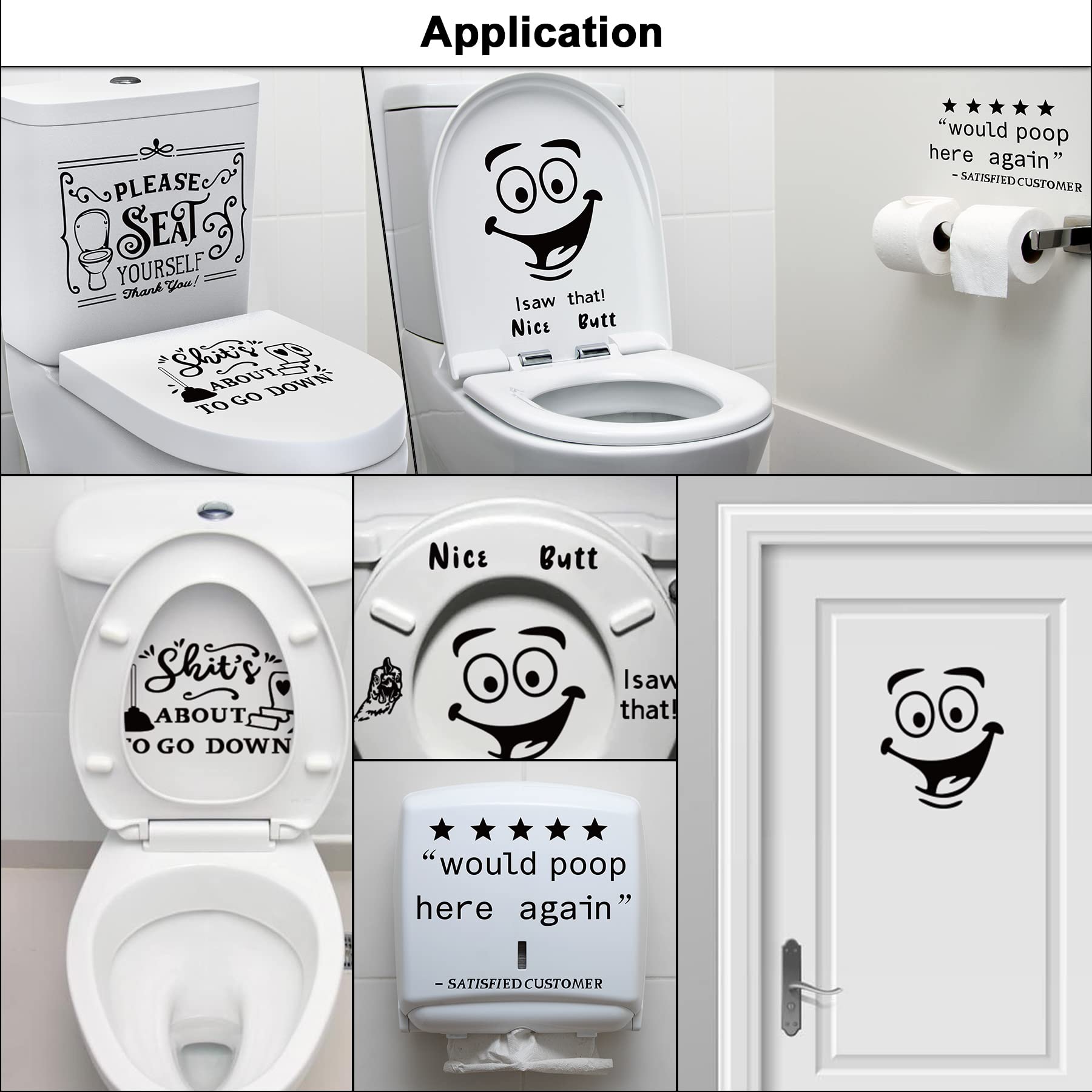 Funny Toilet Stickers - 'Please Seat Yourself' & 'Nice Butt' Bathroom Humor Decals - 'Would Poop Here Again' Vinyl Stickers for Toilets & Mirrors - Perfect Funny Gifts for Bathroom Decor & Housewarming Parties