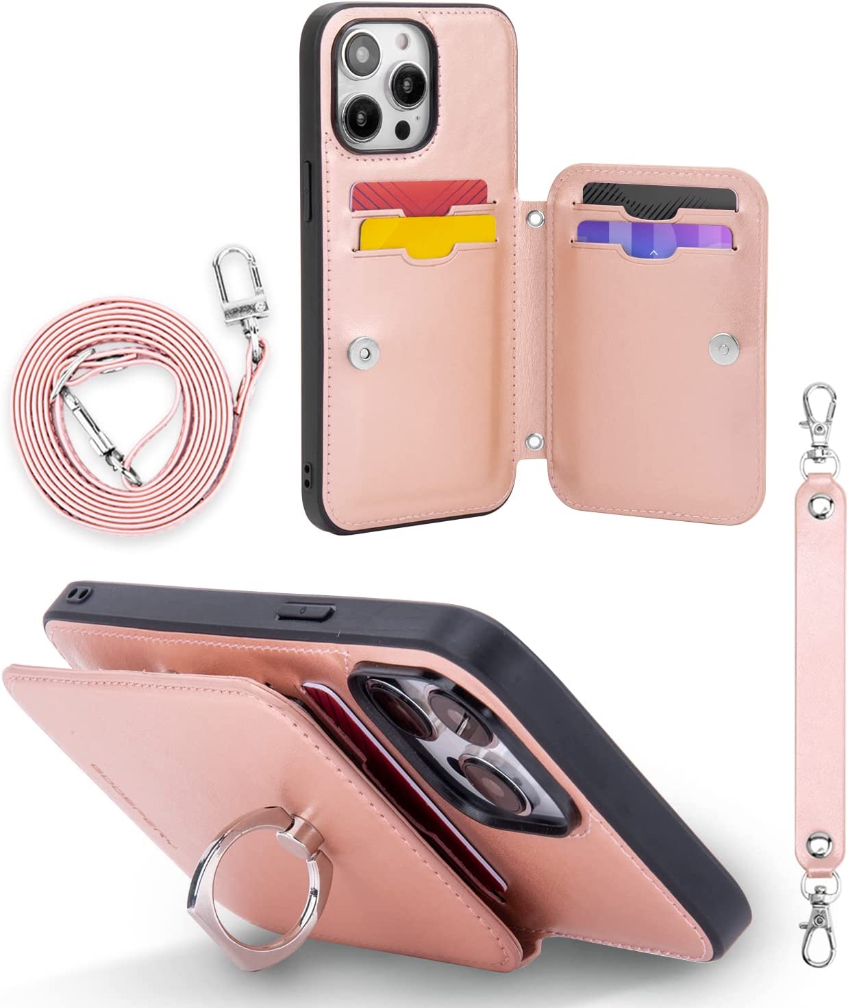 iPhone 14 Pro Max Wallet Case with Card Holder - Heavy Duty Protective Phone Cover in Rose Gold | Perfect for Travel, Shopping & Everyday Use