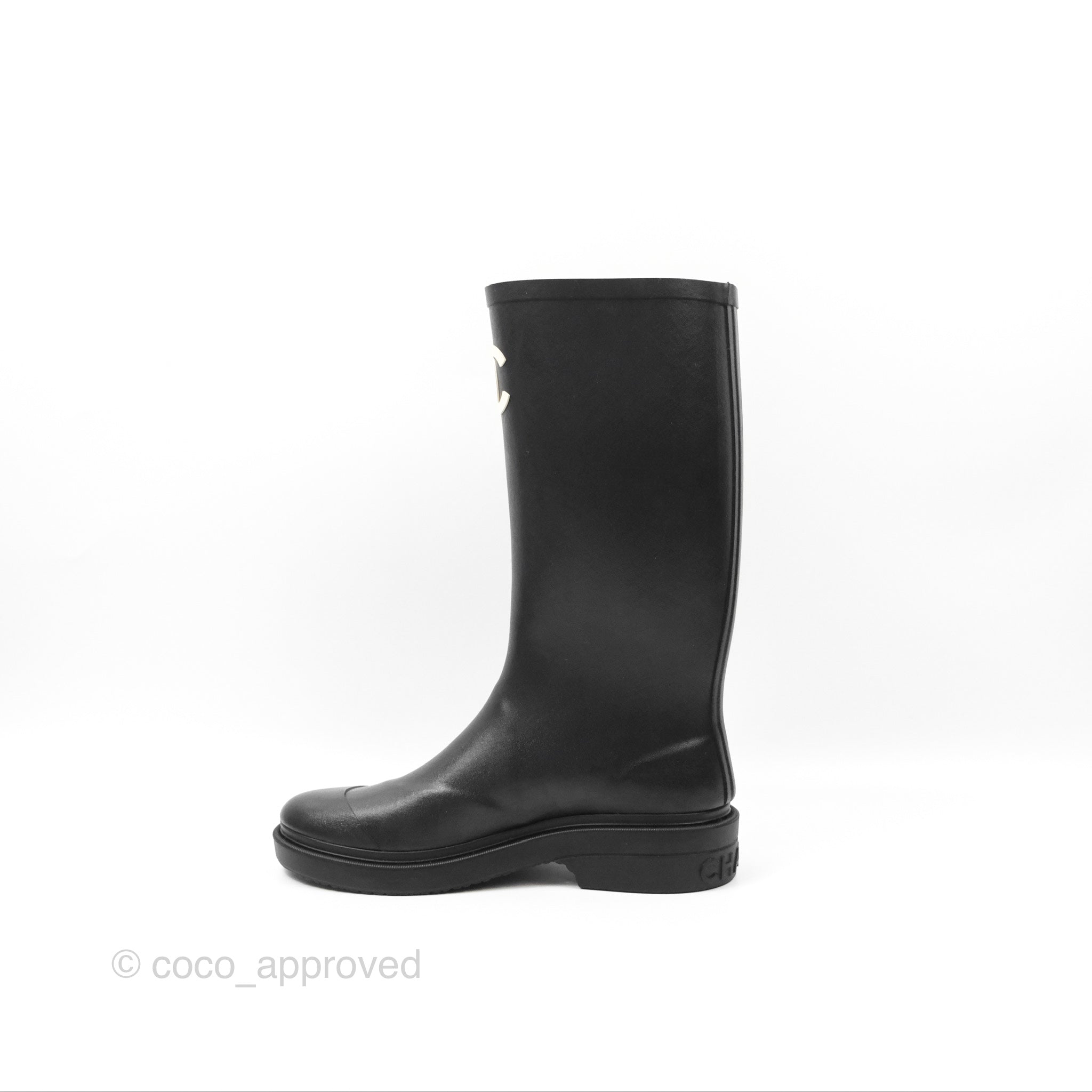 Chanel CC Logo Black Rubber Rain Boots Women's Size 37 - Waterproof Fashion Booties for Rainy Days & Outdoor Adventures