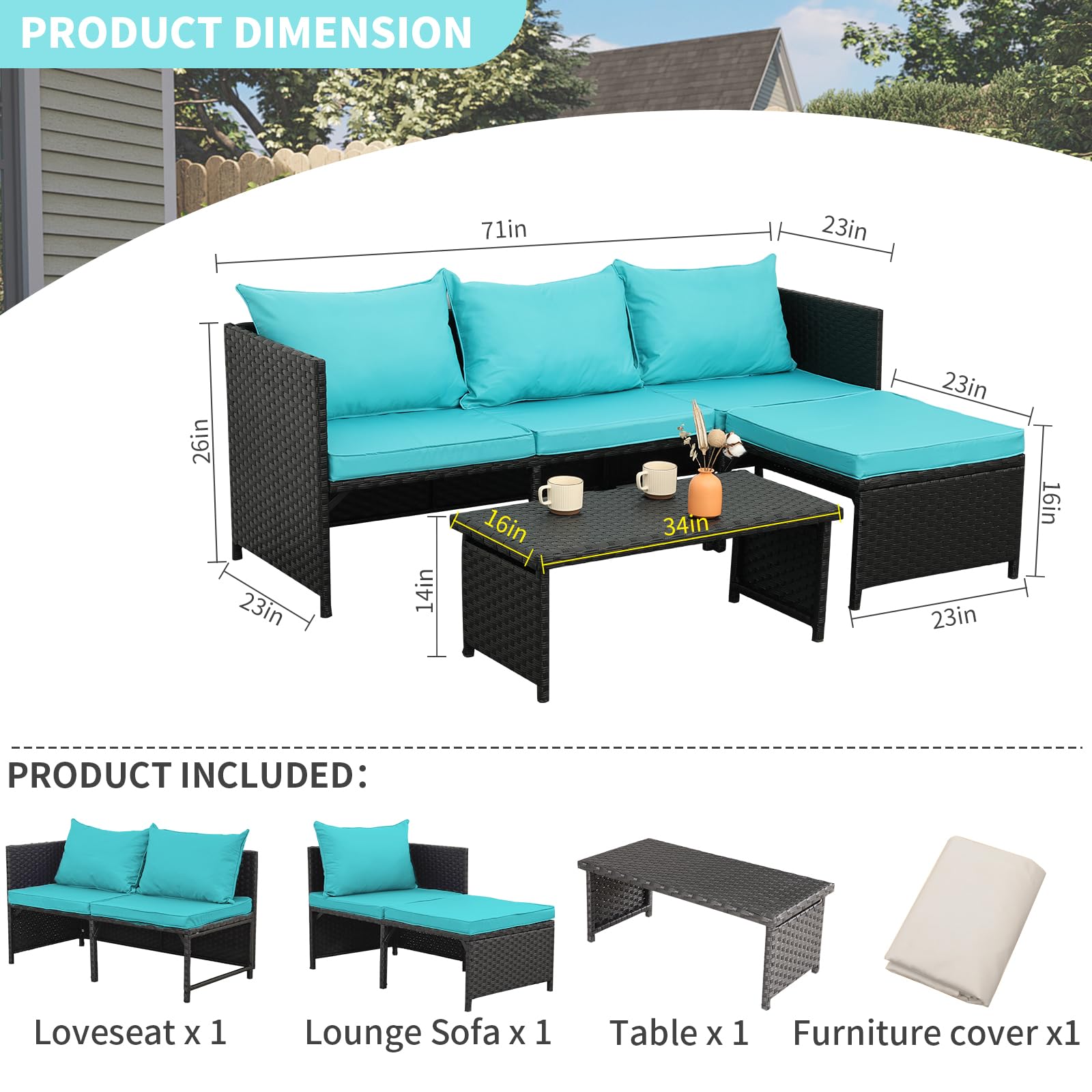 Valita 3-Piece Outdoor PE Rattan Furniture Set - Black Wicker Patio Loveseat Sofa with Turquoise Cushions, All-Weather PE Rattan Sectional Couch for Garden, Poolside, Deck or Backyard Relaxation