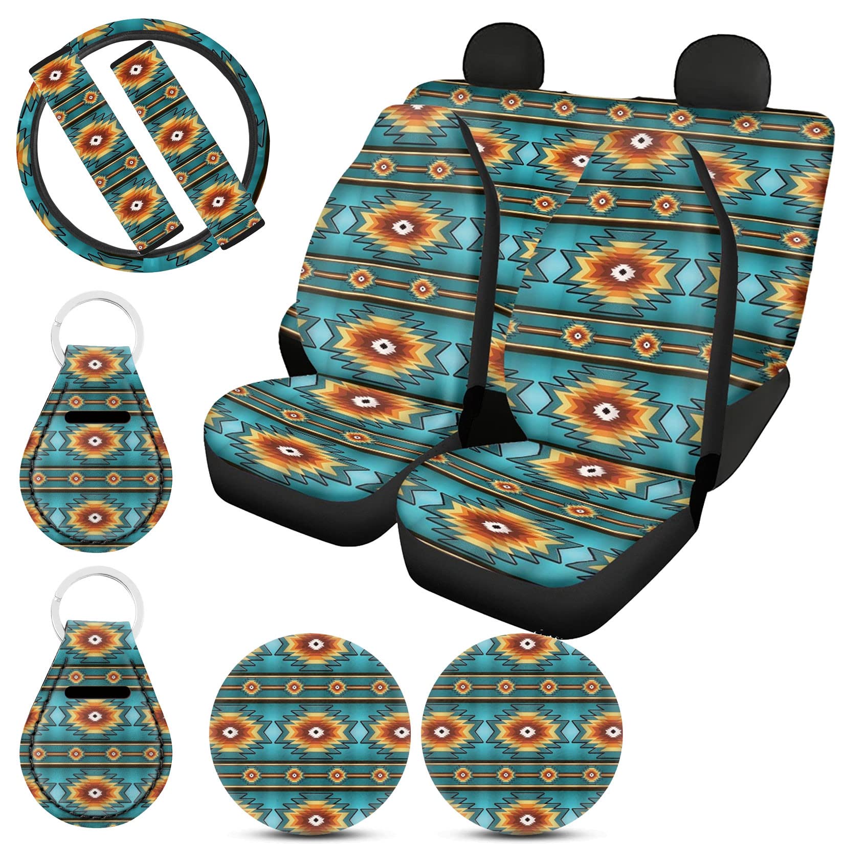 Boho Car Seat Cover Set with Steering Wheel Cover - Universal Fit for SUV, Truck & Van - Stylish Travel Accessories