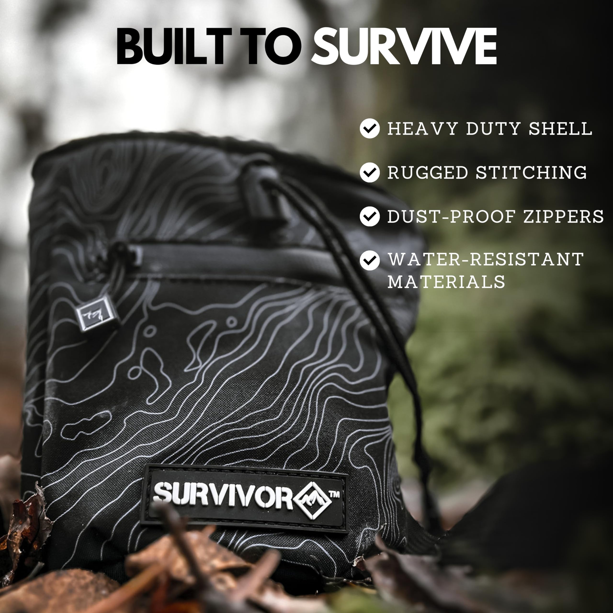 Survivor Chalk Bag for Rock Climbing - Topographic Map Design with Drawstring Closure, 2 Zippered Pockets & Brush Holder - Ideal for Bouldering, Weightlifting, Gymnastics & Workout Training - Perfect for Gym, Outdoor Sports & Fitness Enthusiasts