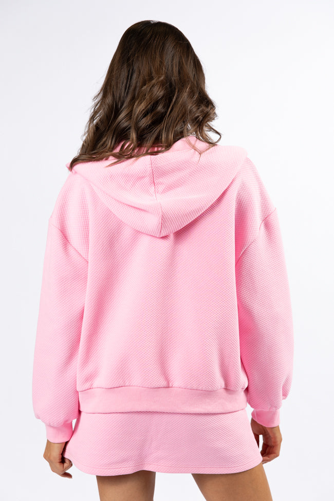 Stylish Pink Textured Knit Zip-Up Hooded Sweatshirt for Women - Cozy Casual Wear for Fall & Winter | Perfect for Streetwear, Lounge & Outdoor Activities