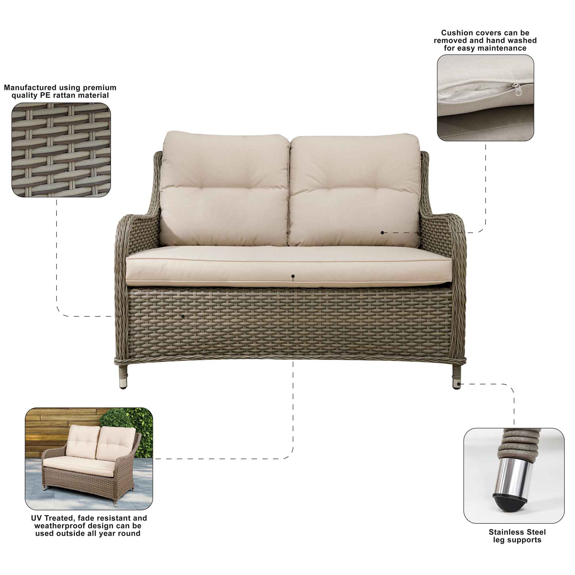 Chester Rattan Wicker Outdoor 2-Seater Sofa with Cushion - Brown DG70 | Patio Furniture for Garden, Porch & Backyard Relaxation