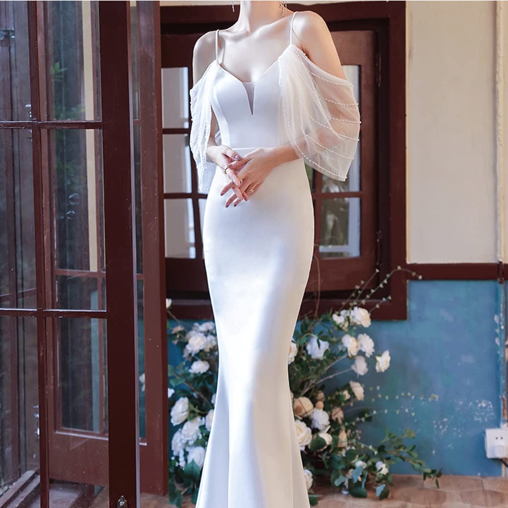 Elegant Fishtail Evening Dress for Women - White Banquet Gown with Lotus Leaf Neckline & Suspender Strap (Small) | Perfect for Formal Events, Weddings & Special Occasions