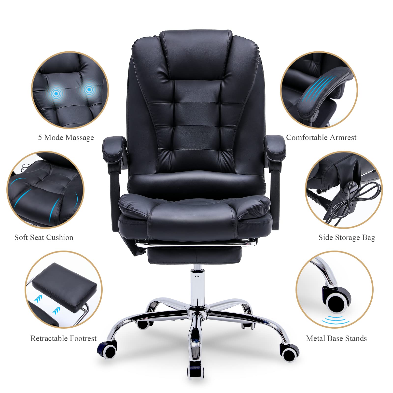 Ergonomic Reclining Office Chair with Massage & Heat - PU Leather Executive Computer Chair with Footrest & Padded Armrest - High Back Swivel Recliner for Home Office, Study, or Gaming - Black