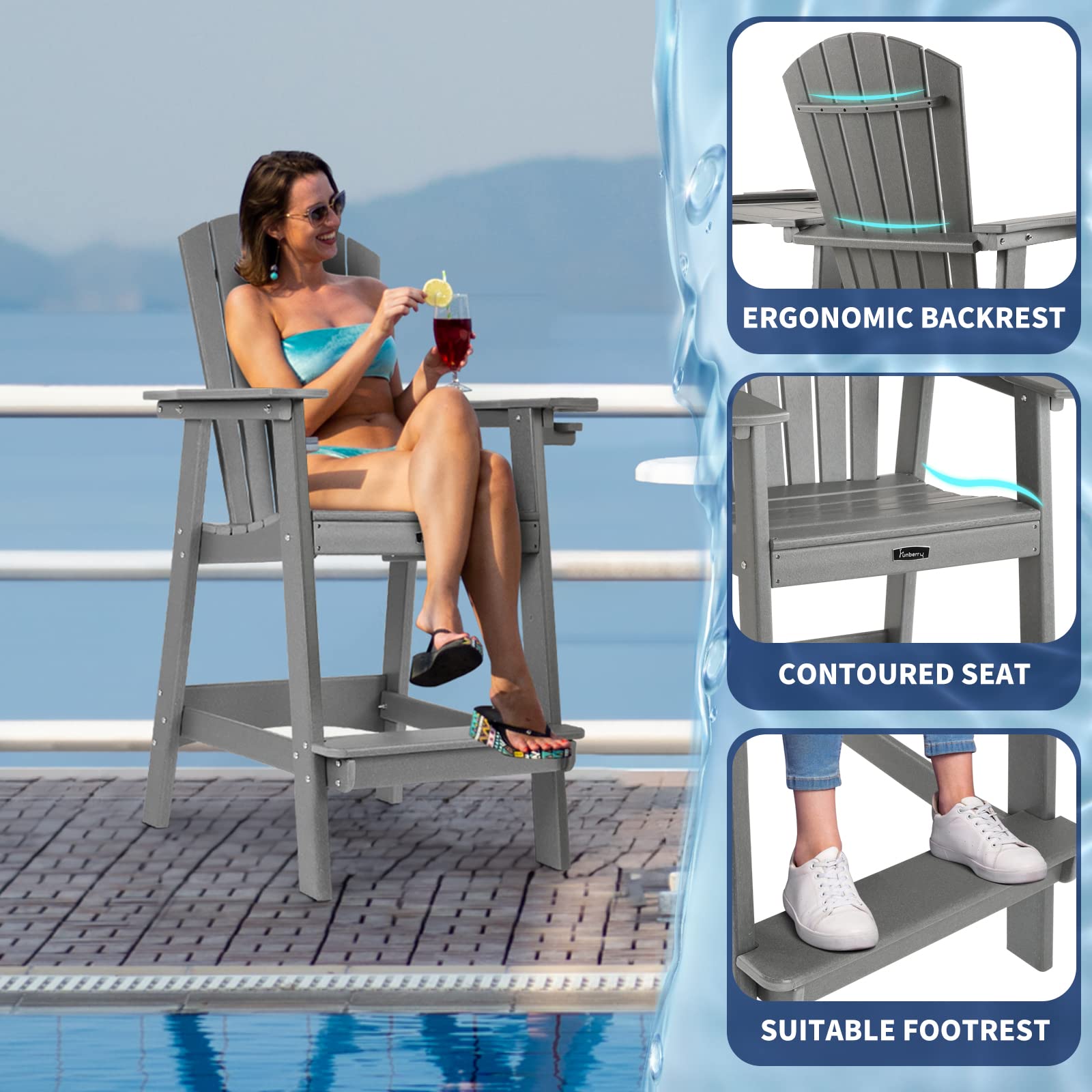 FUNBERRY 2-Piece Tall Adirondack Chair Set with Connecting Tray & Cup Holders - High Top Resin Outdoor Bar Stools, Durable High Back Balcony Chairs - Perfect for Poolside, Patio, Beach & Backyard Relaxation
