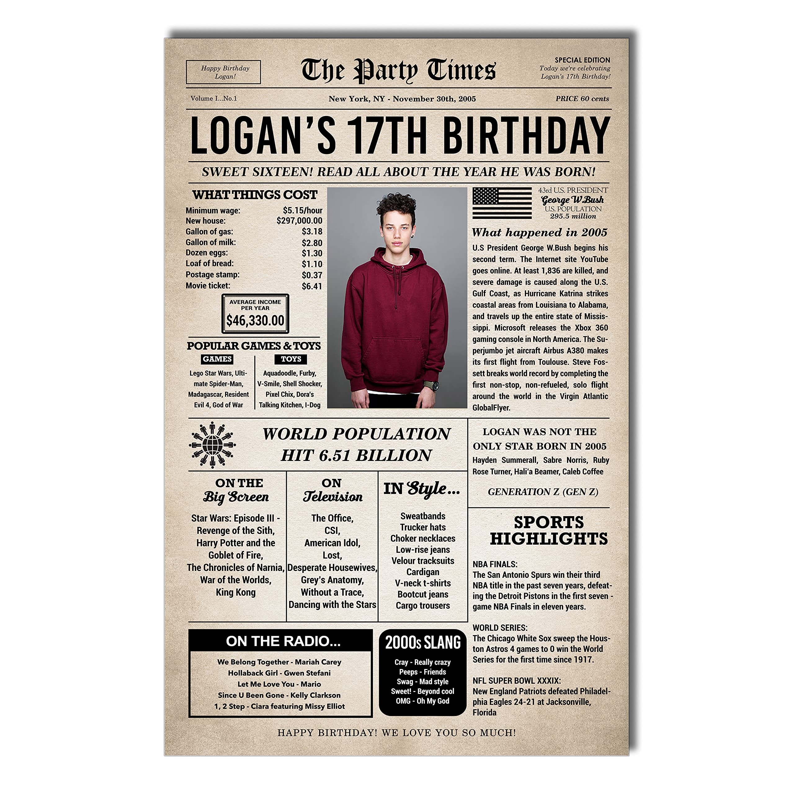 Jinniee Custom 17th Birthday Newspaper Poster - Vintage 2005 Themed Party Decor for Boys & Girls - Unique Birthday Gift Idea - Perfect for 17th Birthday Celebrations & Milestone Memories