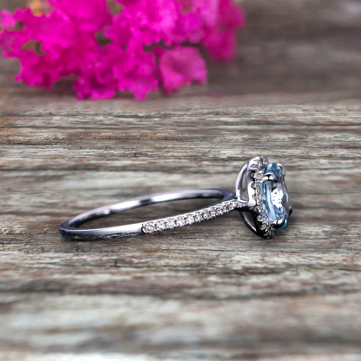 1.50 Carat Round Cut Aquamarine Engagement Ring in 10k White Gold - Art Deco Halo Design for Wedding, Proposal & Anniversary Gifts