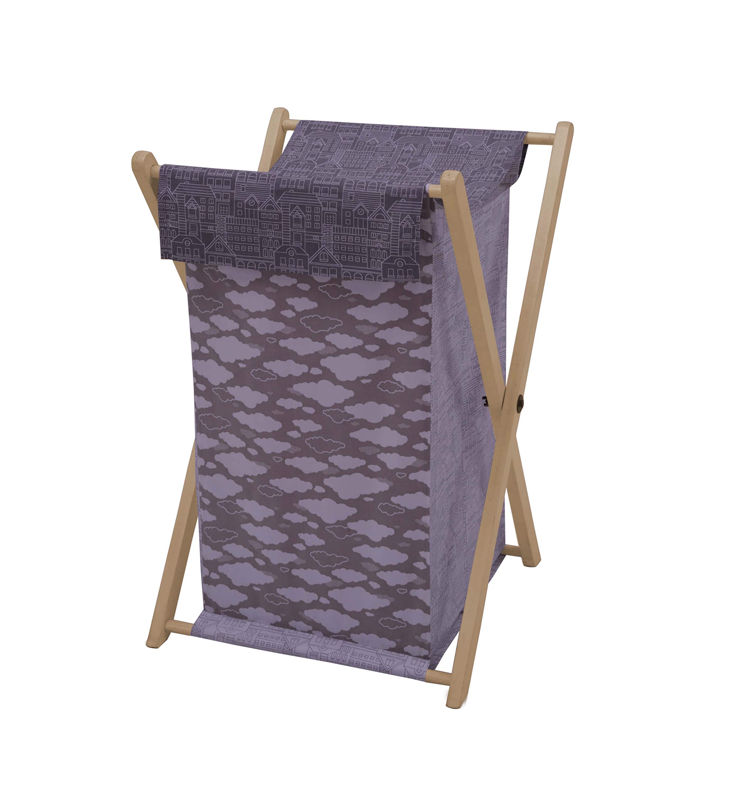 Bacati Clouds in The City Laundry Hamper with Wooden Frame - White & Grey Storage Basket for Bedroom, Bathroom, or Nursery Organization