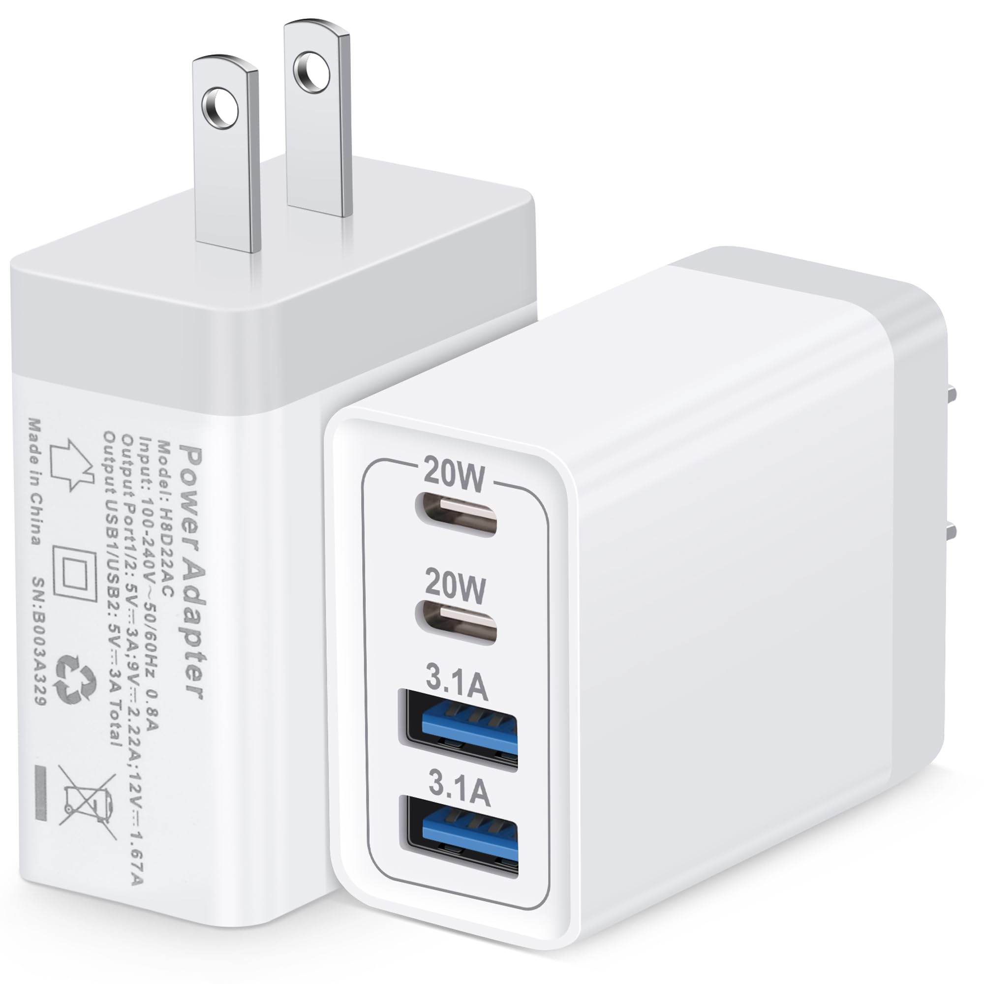 40W 4-Port USB C Charger Block with Dual USB-C & USB-A - Fast PD Charging Adapter for iPhone 15/16/14/13/12/11 Pro Max, iPad, Pixel 9/8/7, Galaxy & Android Phones - Compact Wall Charger Brick (2-Pack) - Perfect for Travel, Home & Office Use