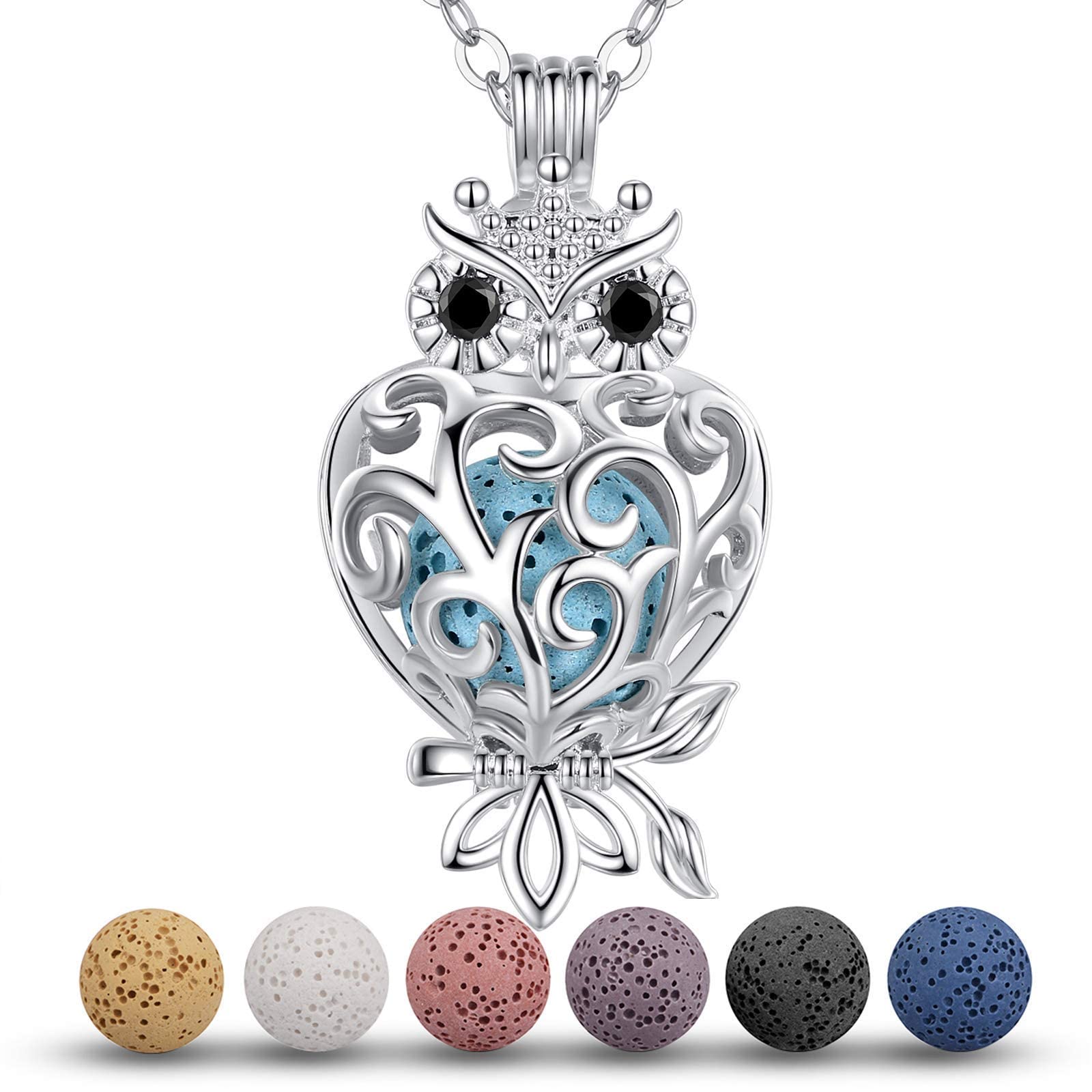 2 Pack Essential Oil Diffuser Necklaces for Women - Lava Stone Aromatherapy Jewelry with Wise Owl & Dragonfly Pendants, 24