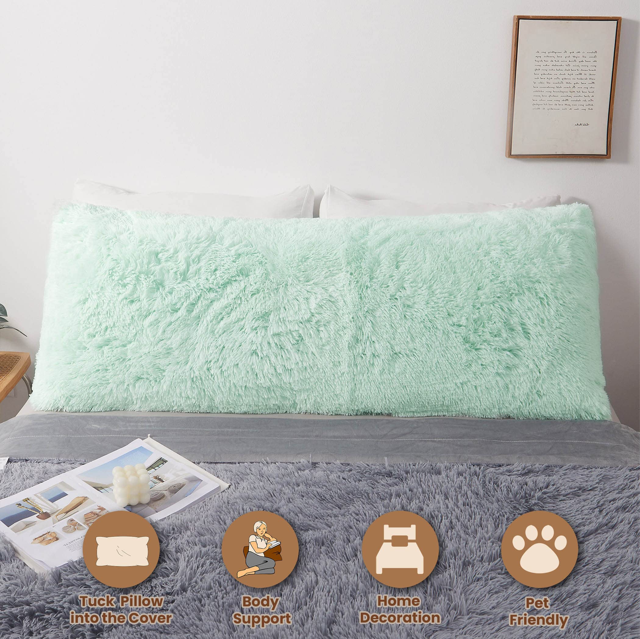 Luxury Fluffy Body Pillow Cover 20x54 Inches - Soft Shaggy Faux Fur Pillowcase with Zipper Closure, Plush Hug Pillow for Bedroom, Couch & Dorm - Aqua Green Decorative Furry Long Pillow for Adults & Teens