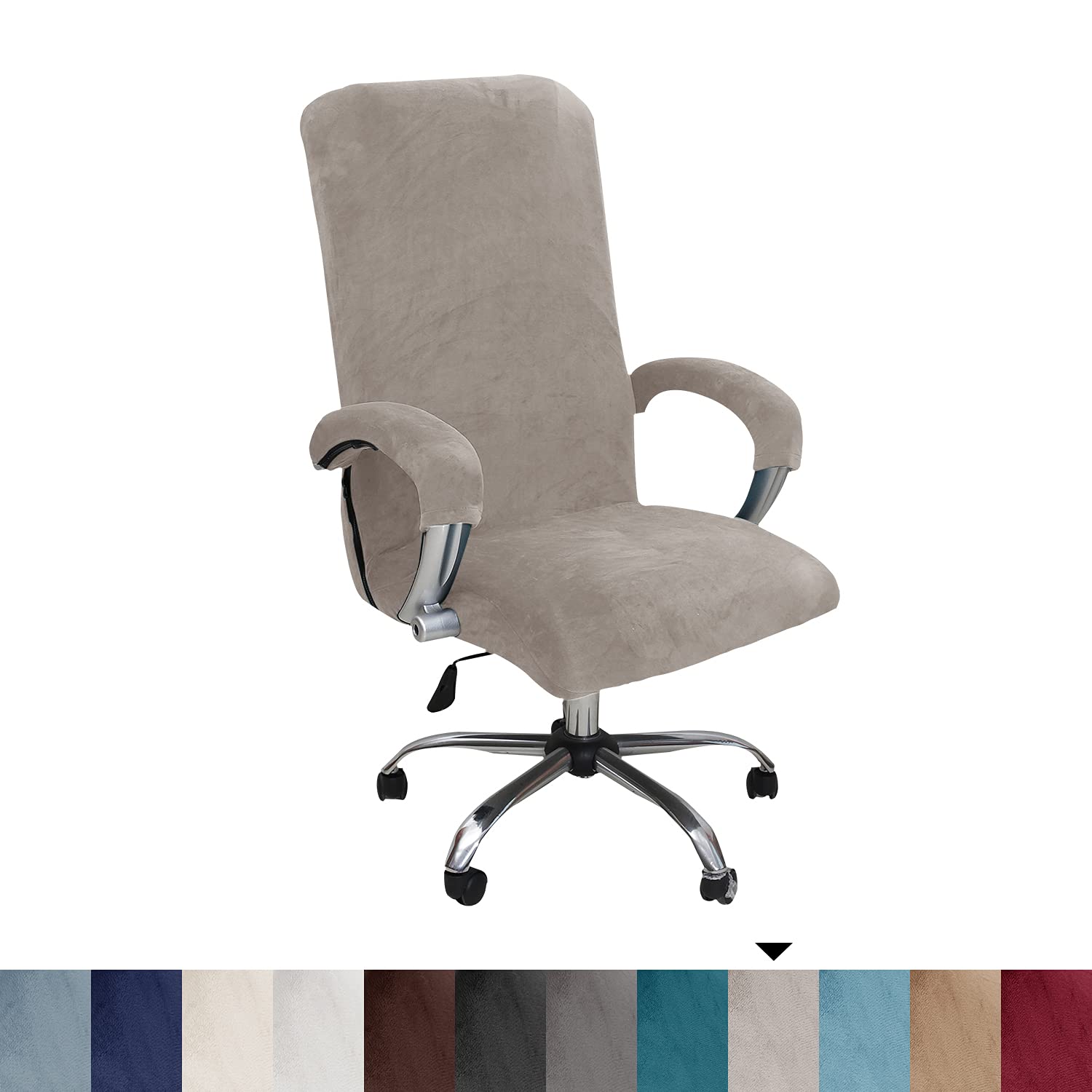 NILUOH Velvet Office Chair Cover with Armrests - Stretchable Universal Computer Desk Chair Cover for Boss Swivel & Gaming Chairs (Size L, Light Brown) - Home Office & Gaming Setup Accessory