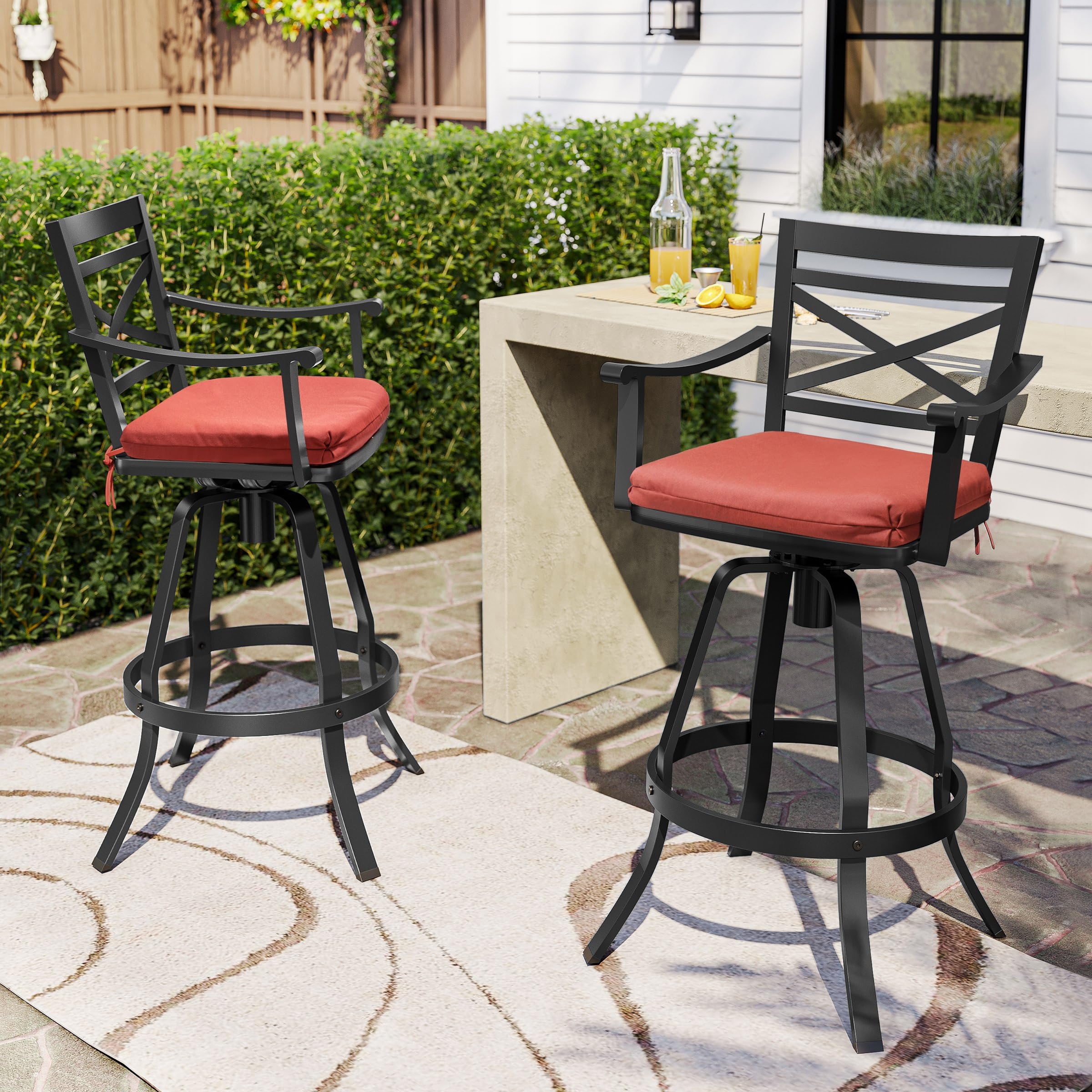 Pellebant Sunbrella Outdoor Bar Stools Set of 2 - 30 Inch Height Aluminum Swivel Patio Bar Stools with Footrest & Backrest - Waterproof & UV Resistant for Deck, Lawn, Garden, Poolside - Red