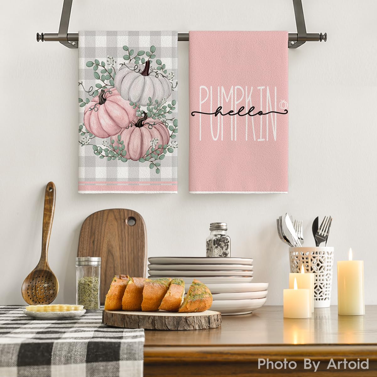 Artoid Mode Pink Eucalyptus Leaves Hello Pumpkin Fall Kitchen Towels - Set of 4 Farmhouse Dish Towels 18x26 Inch, Thanksgiving Home Decor Hand Towels for Autumn Kitchen, Dining Room & Farmhouse Decor