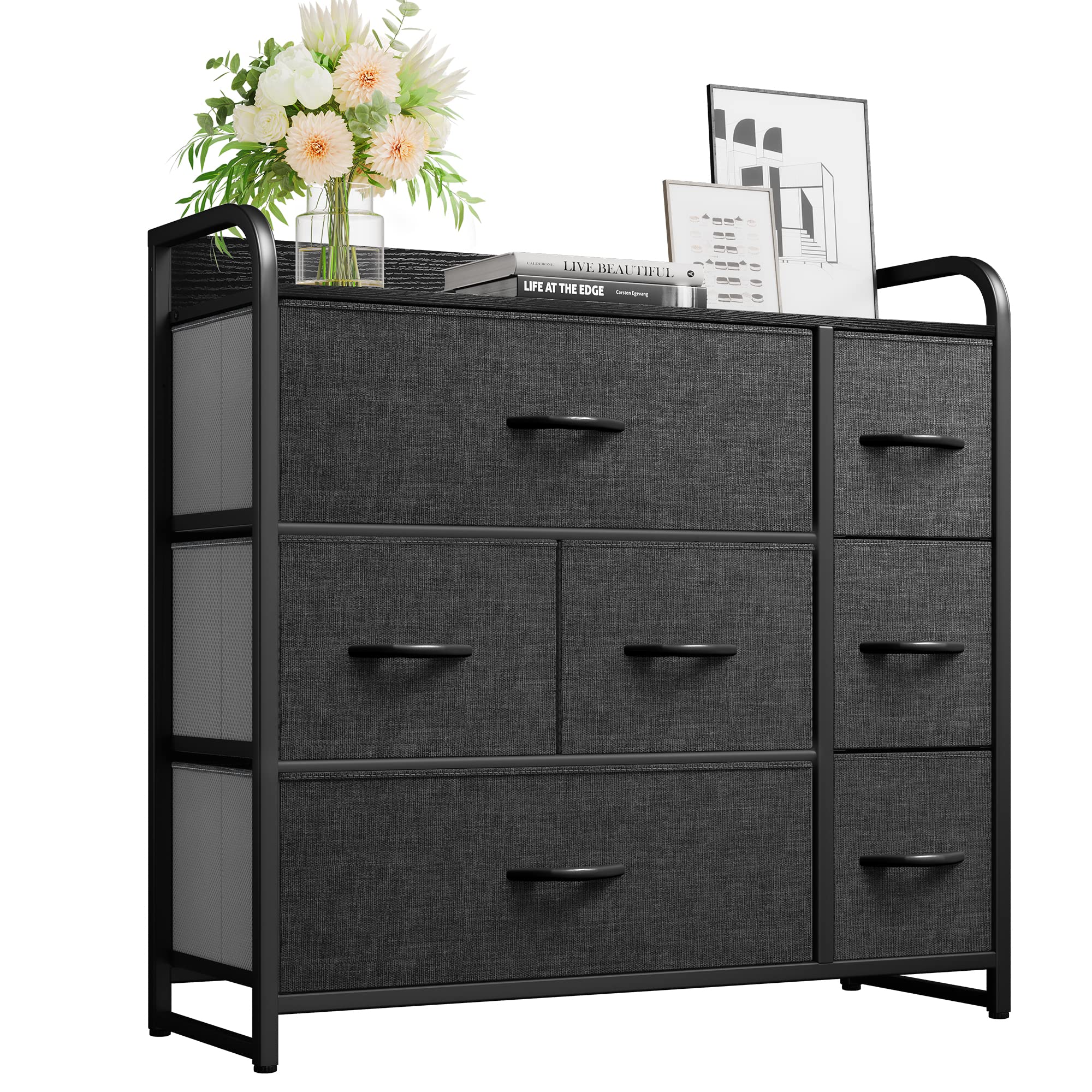 YITAHOME 7-Drawer Fabric Dresser with Large Capacity - Sturdy Steel Frame & Wooden Top Storage Tower for Living Room, Bedroom, Closet - Easy Pull Fabric Bins (Black/Grey) - Perfect for Organizing Clothes, Toys & Home Essentials
