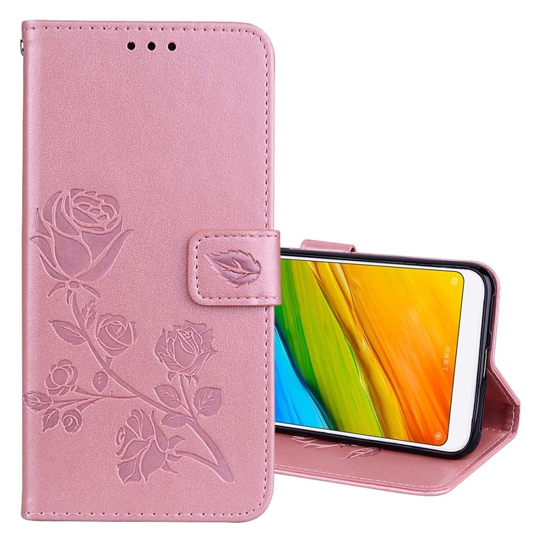 Premium PU Leather Flip Wallet Case for Xiaomi Redmi 5 - Rose Gold Embossed Design with Card Slots & Stand | Perfect for Daily Use, Business & Travel Protection