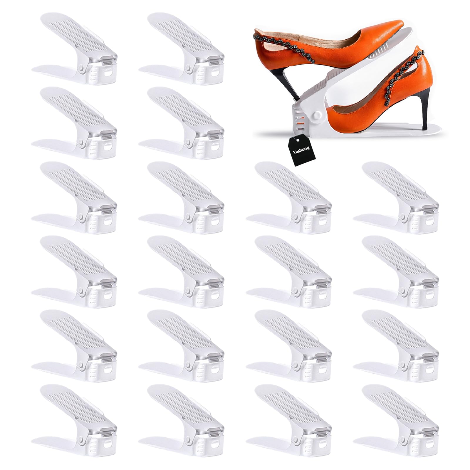20PCS Adjustable Double Layer Shoe Rack Organizer - Space Saving Stackable Shoe Storage for Closet, Entryway & Under Bed - White Shoe Shelf Holder for Sneakers, Heels & Boots