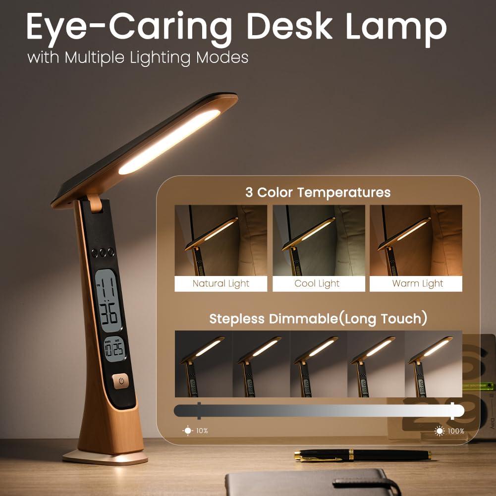 Rechargeable Cordless Table Lamp - Foldable Portable LED Desk Light with Stepless Brightness & Time Display | Battery Operated Office Lamp, Reading Light, College Dorm Essential for Study, Bedside & Night Use