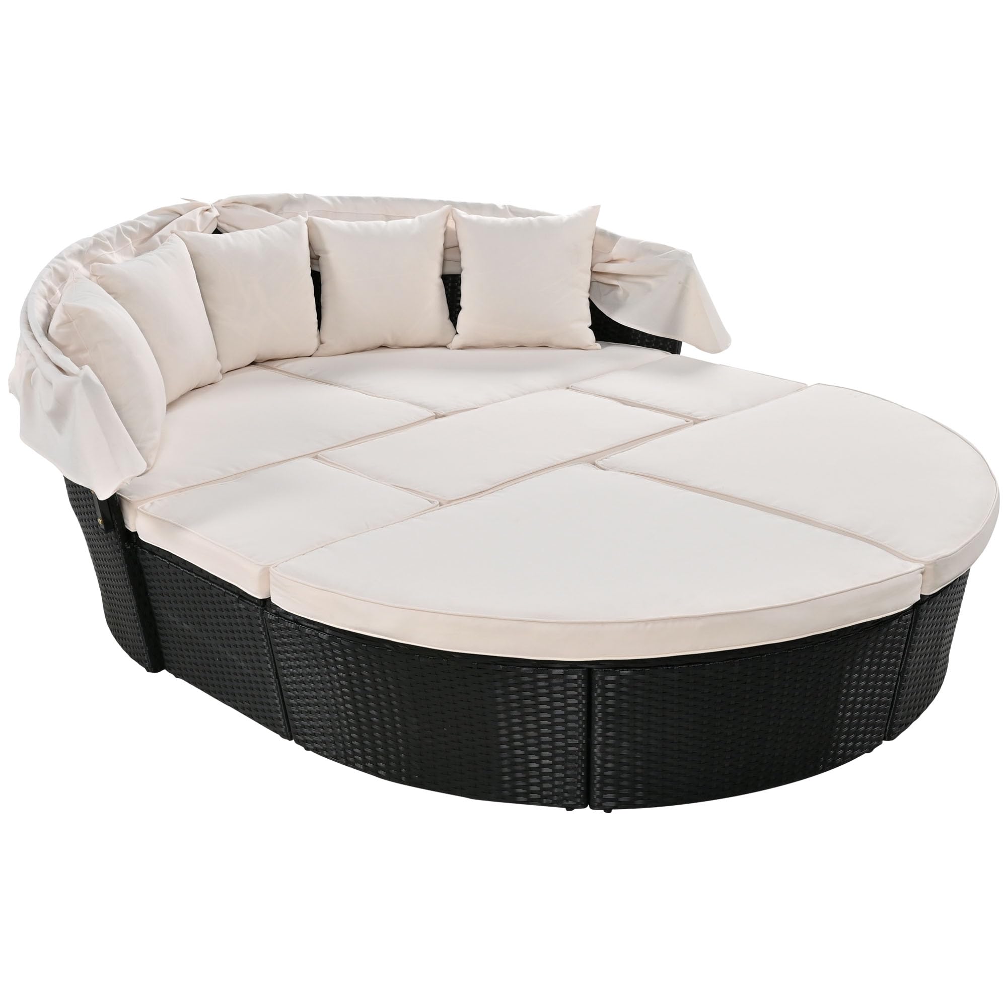 Premium Outdoor Patio Rattan Wicker Furniture Set - Round Sunbed with Retractable Canopy, Sectional Conversation Set with Bench & Fan Chairs, Washable Cushions - Perfect for Backyard, Poolside & Garden Relaxation
