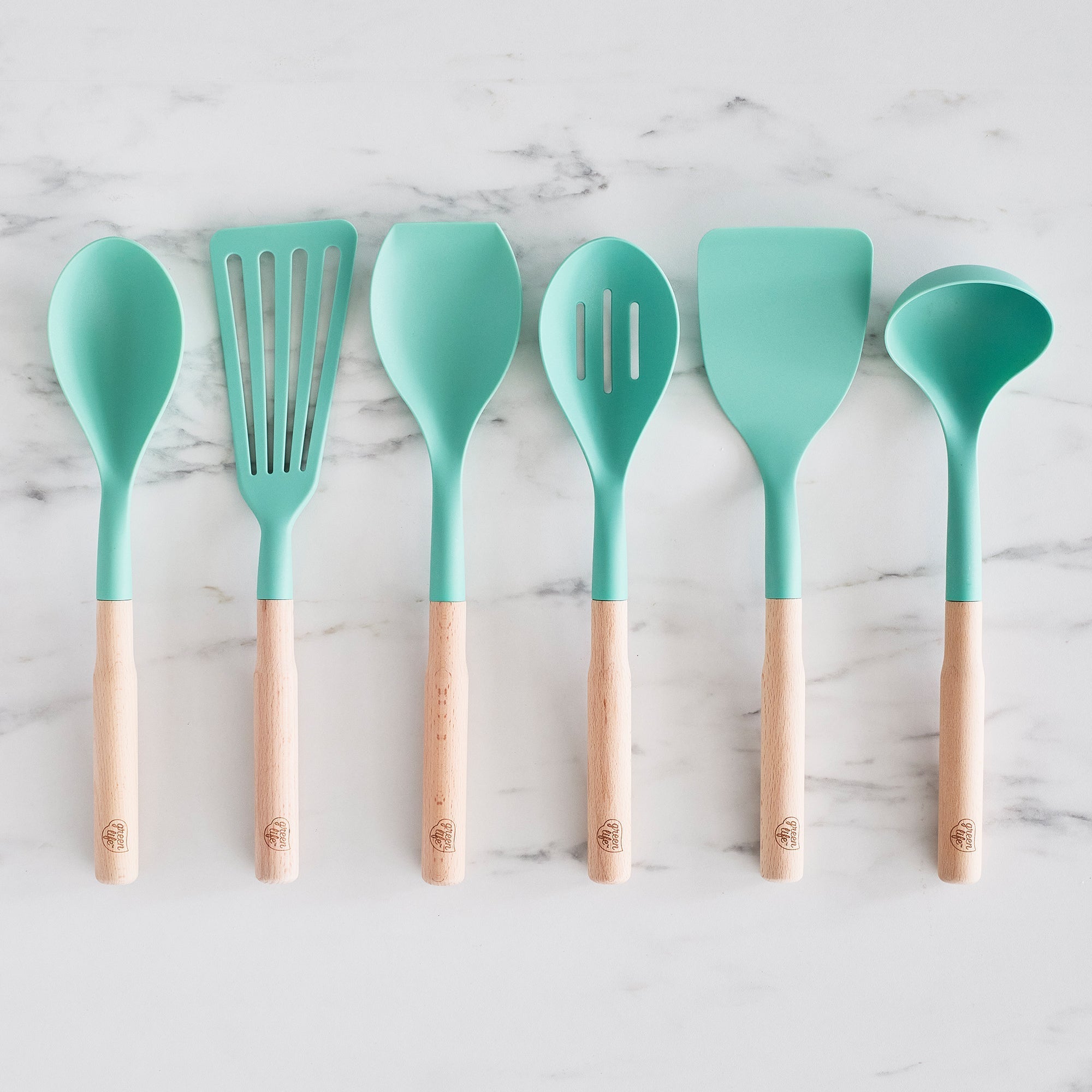 GreenLife Non-Toxic Nylon & Wooden Cooking Utensil Set with Ceramic Crock - 7-Piece Kitchen Tools for Healthy Cooking | Turquoise Color | Perfect for Sauteing, Stirring & Serving