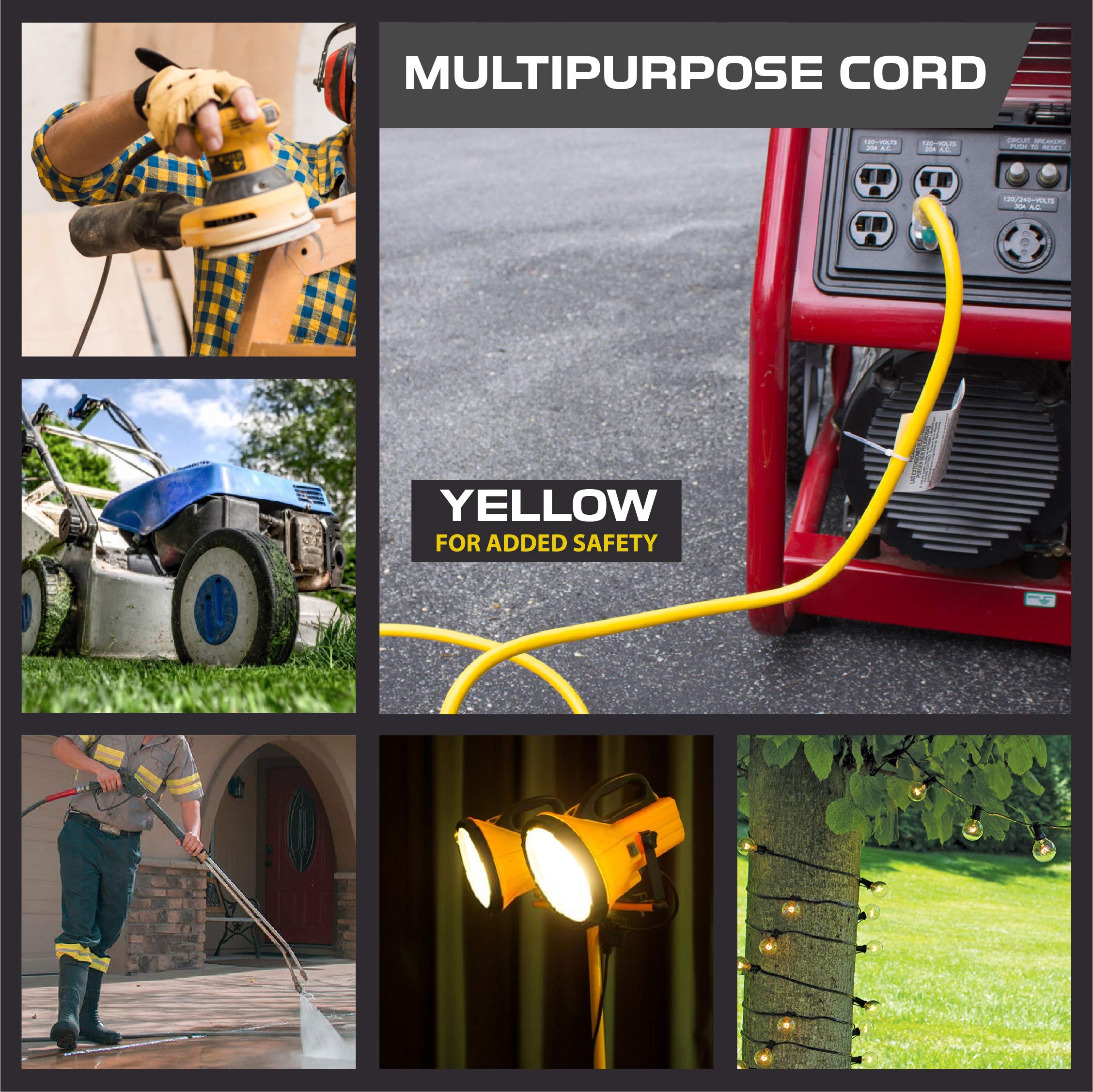 200ft Heavy Duty 12 Gauge Extension Cord - 15 Amp SJTW Outdoor Electrical Cable with Lighted Plug & 3-Prong Grounded (Yellow) - Perfect for Power Tools, RV Camping, Construction Sites & Major Appliances