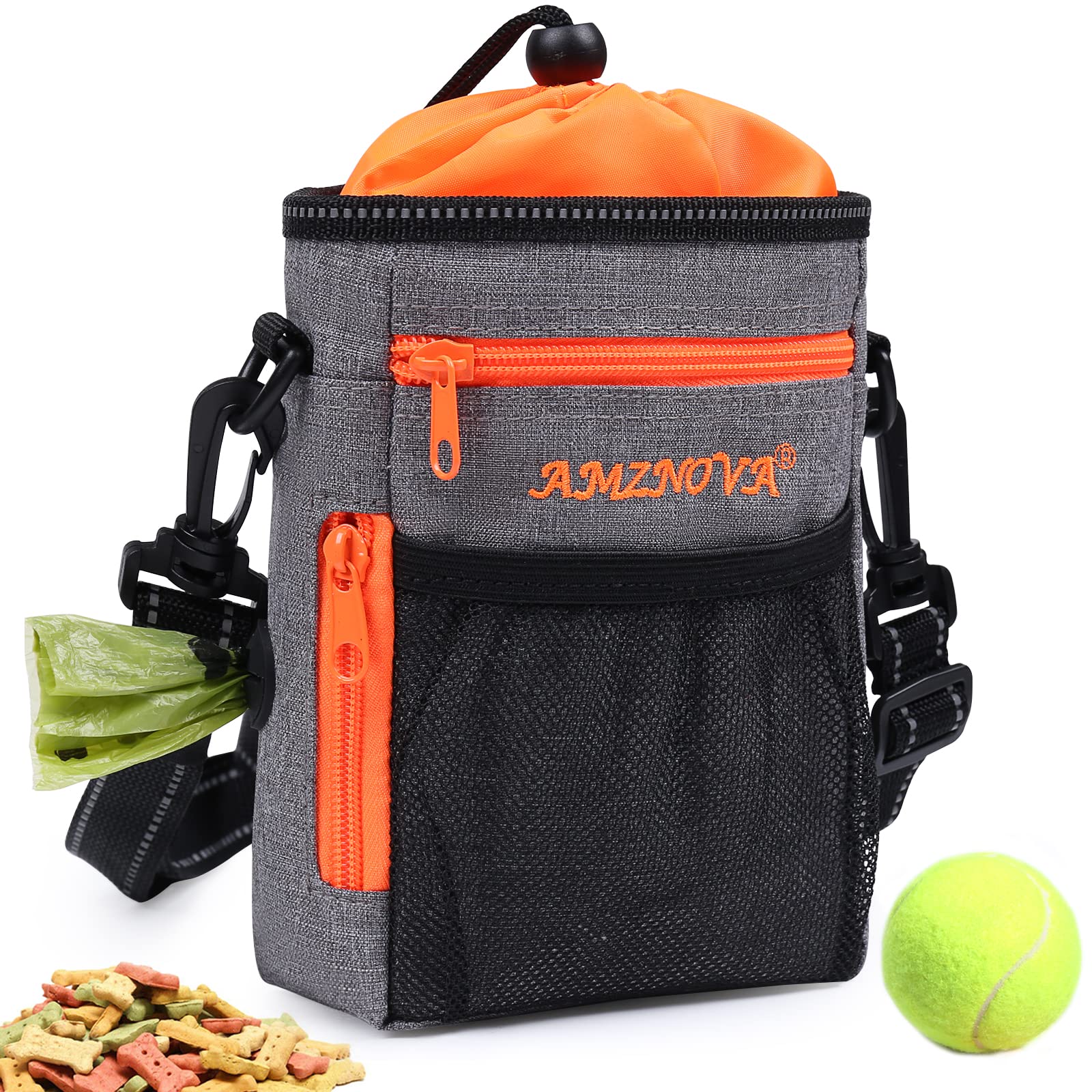 AMZNOVA Dog Training Treat Pouch - Adjustable Waist Belt with Poop Bag Dispenser | Multi-Purpose Portable Puppy Treat Bag for Walking, Hiking & Outdoor Adventures (Heather Black)