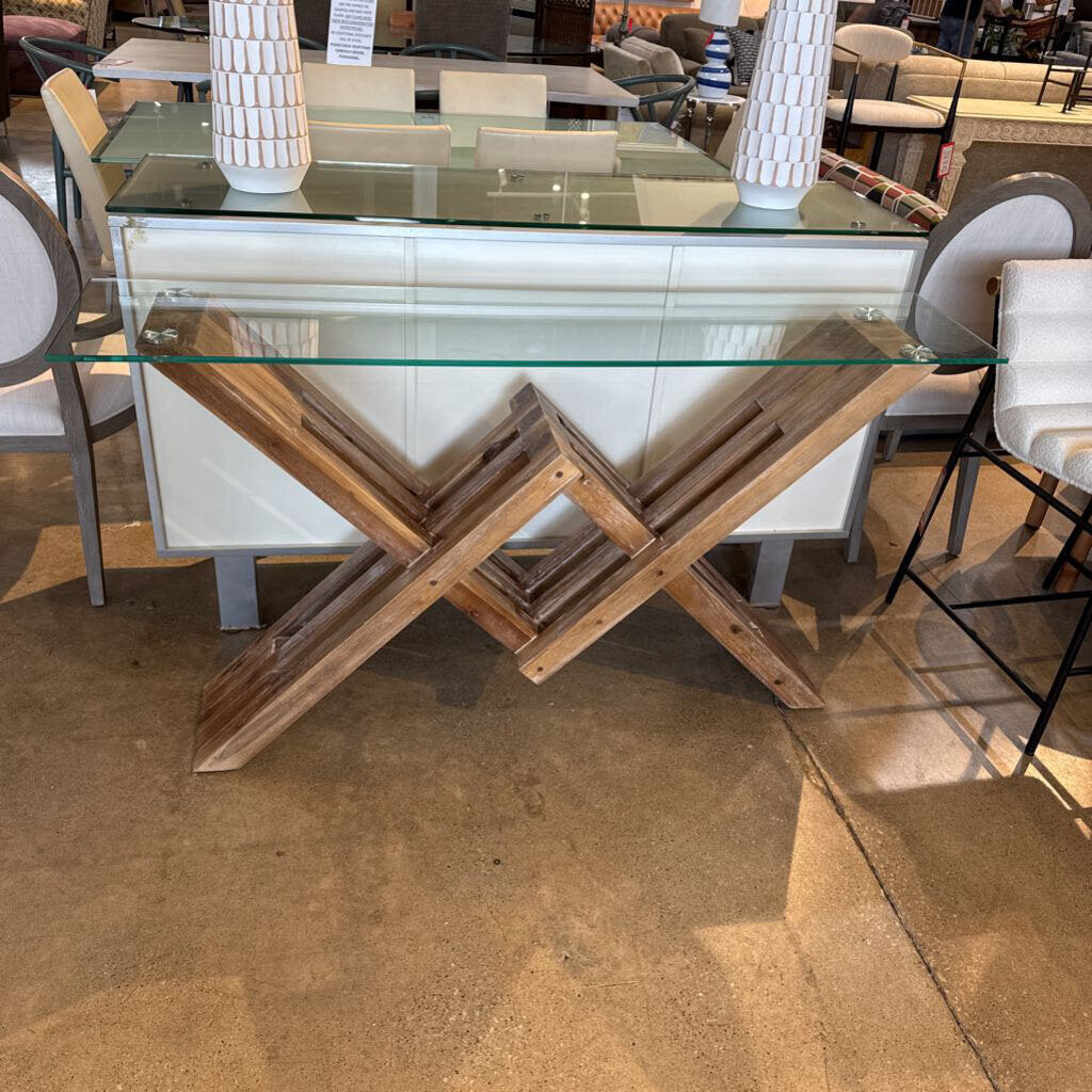 Distressed Wood Cross Base Console Table with Glass Top - 58